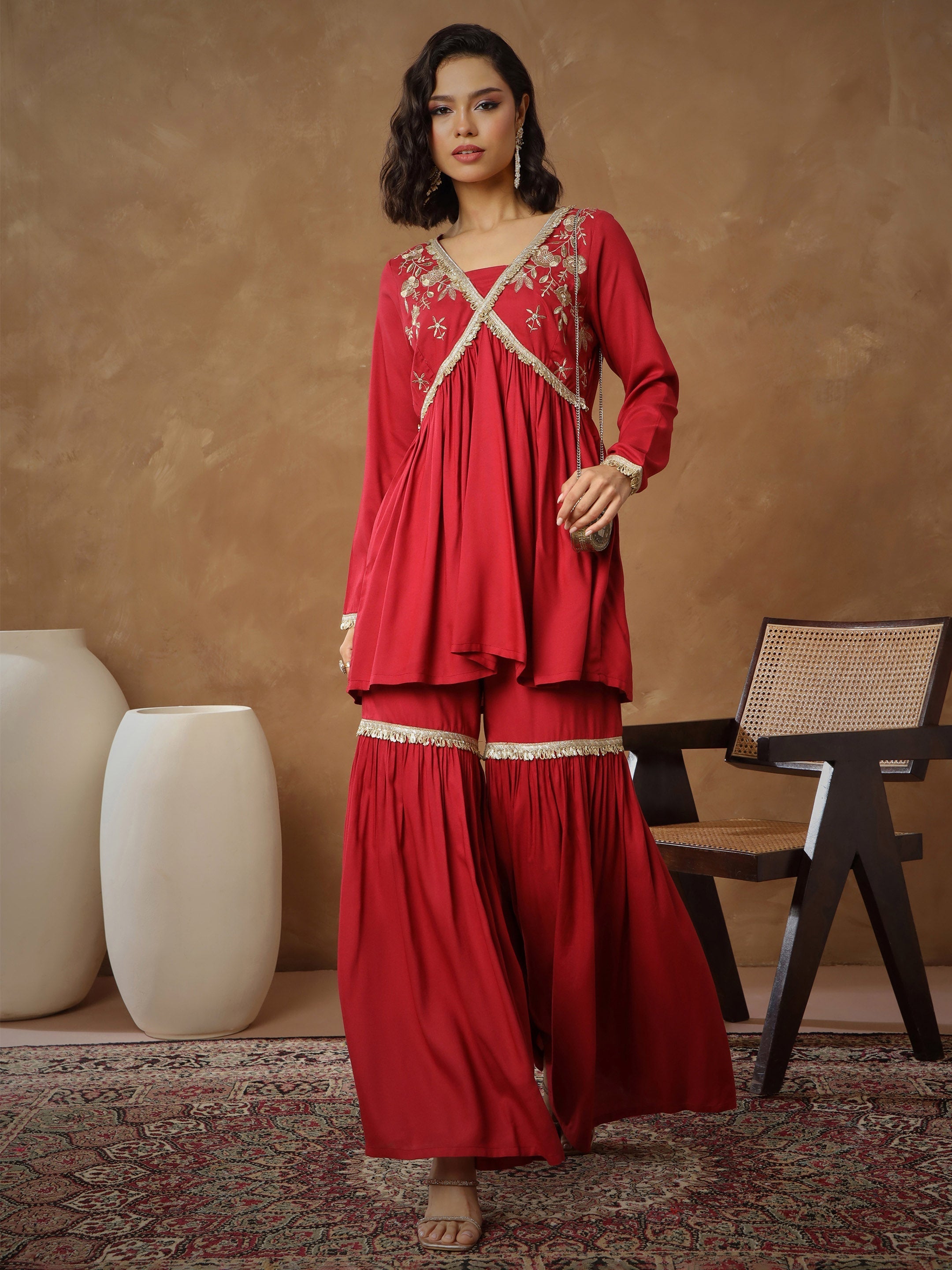 Women's Maroon Embroidered Peplum Kurta With Sharara Pants
