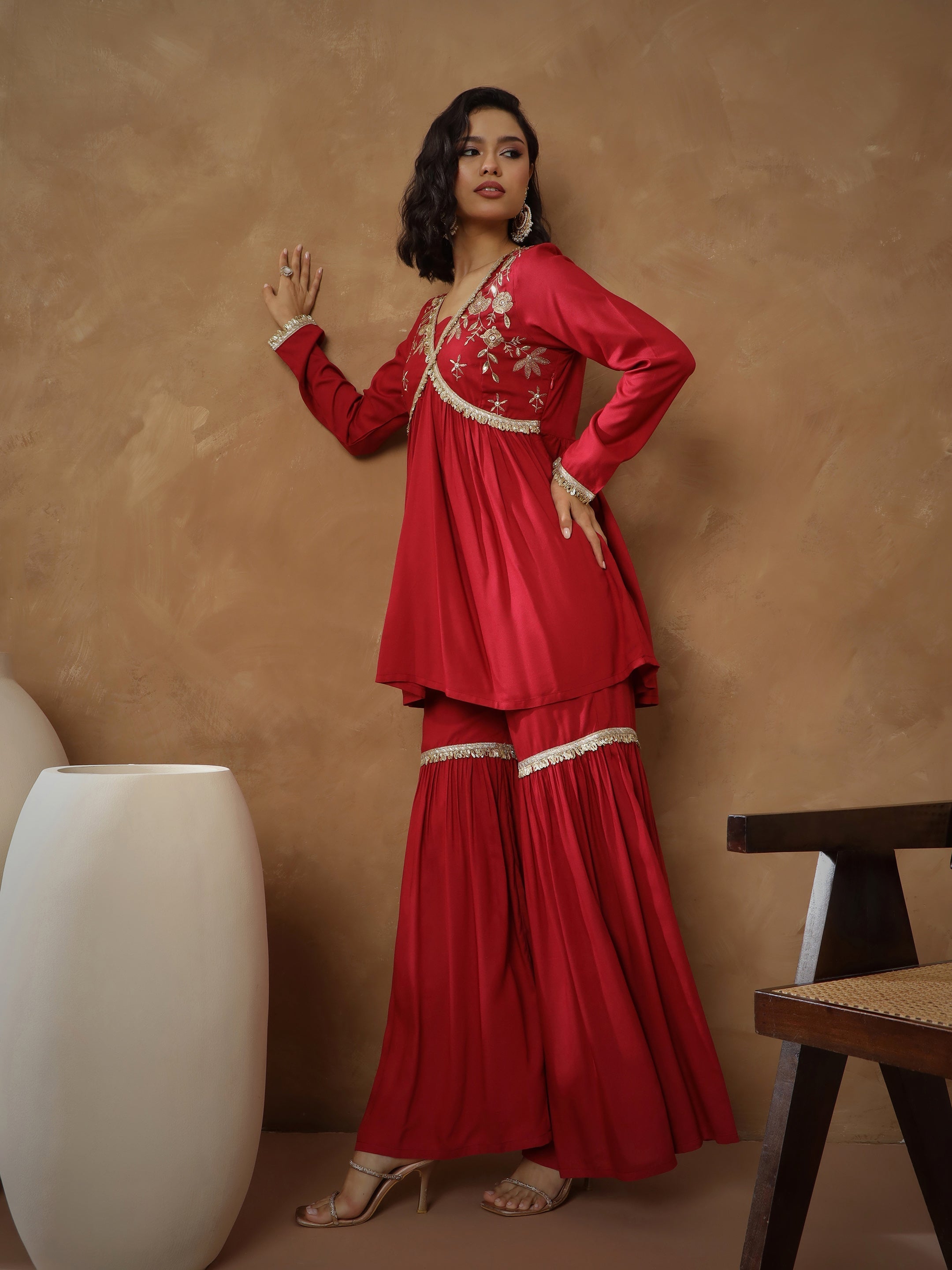 Women's Maroon Embroidered Peplum Kurta With Sharara Pants