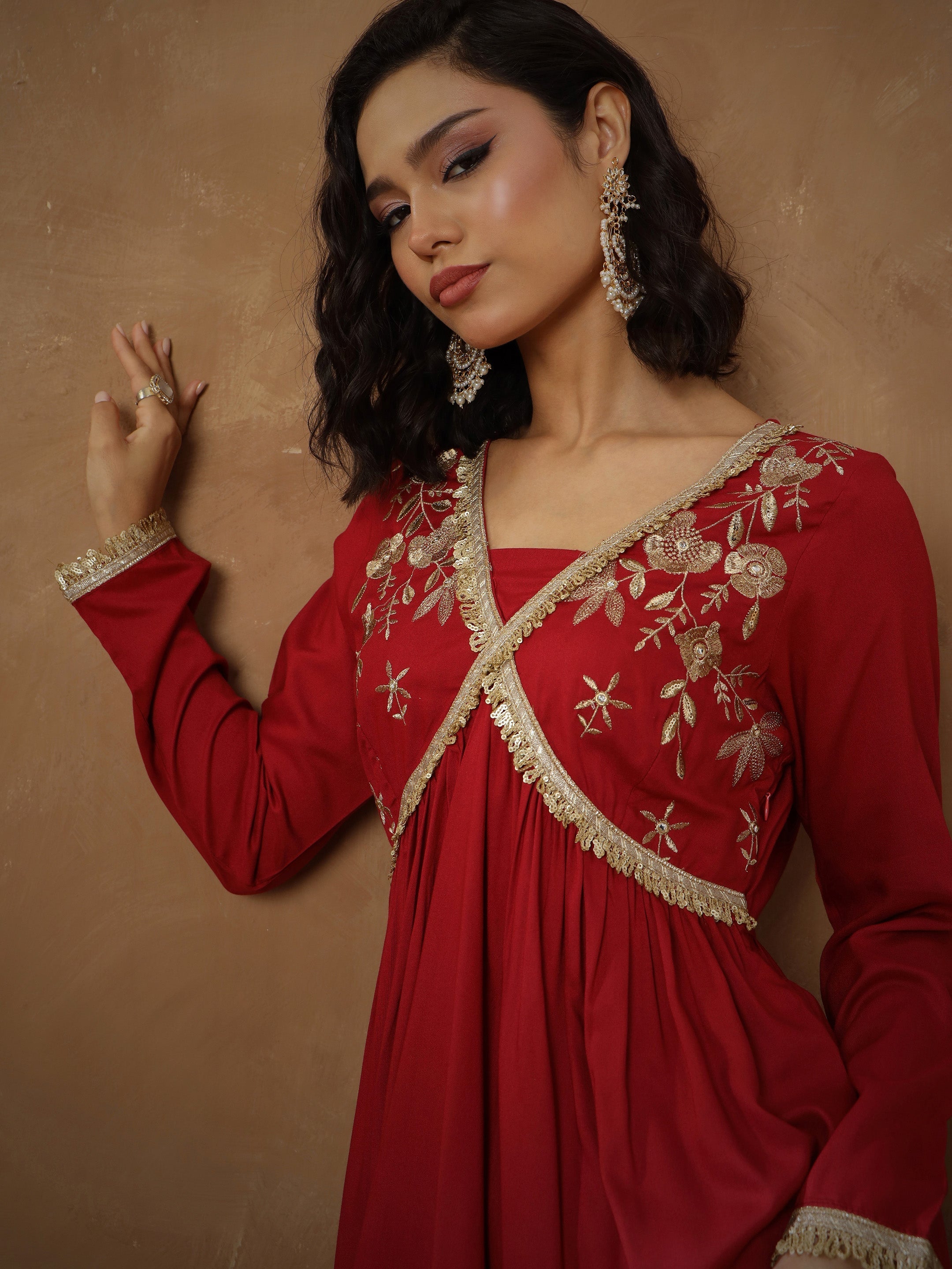 Women's Maroon Embroidered Peplum Kurta With Sharara Pants