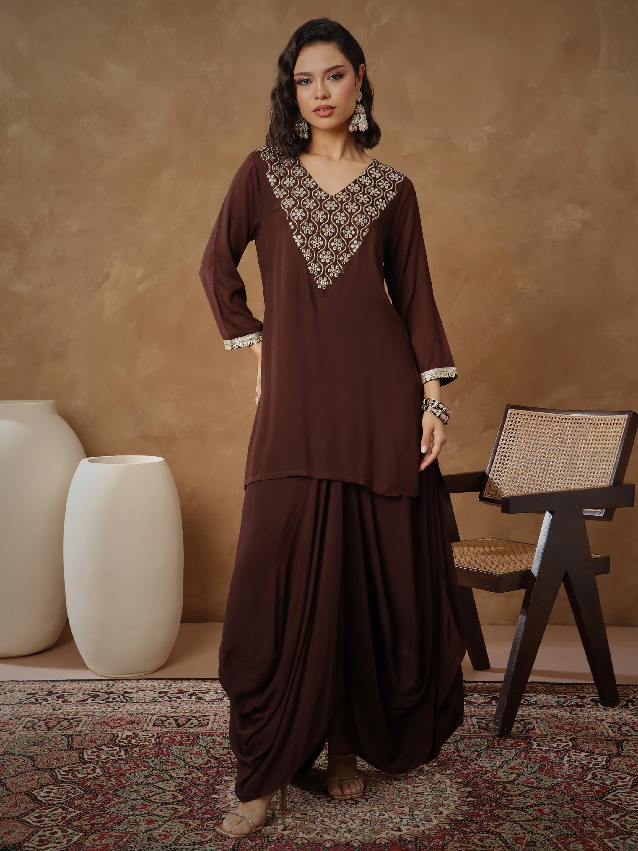 Women's Brown Embroidered Short Kurta With Dhoti Skirt