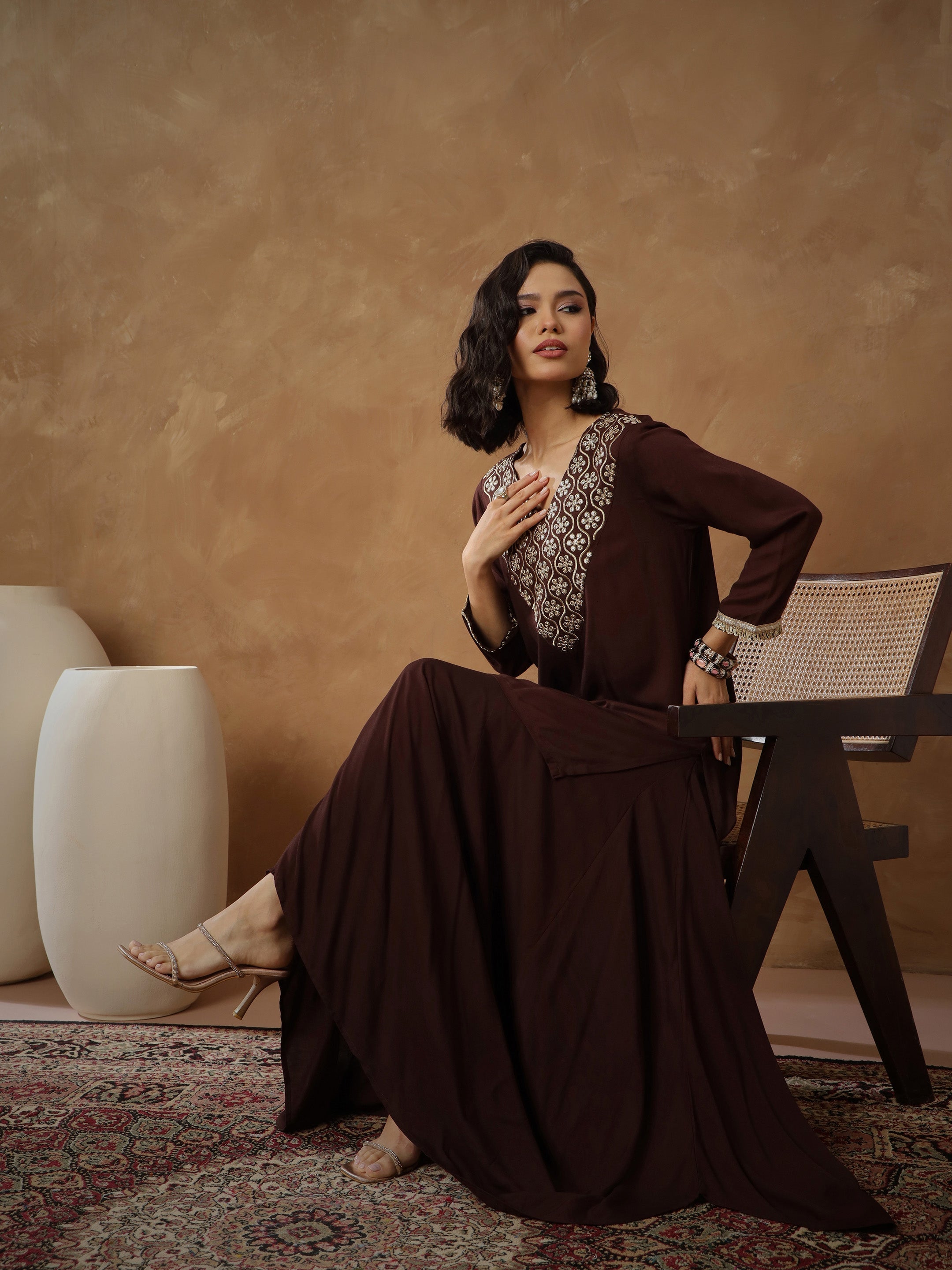 Women's Brown Embroidered Short Kurta With Dhoti Skirt