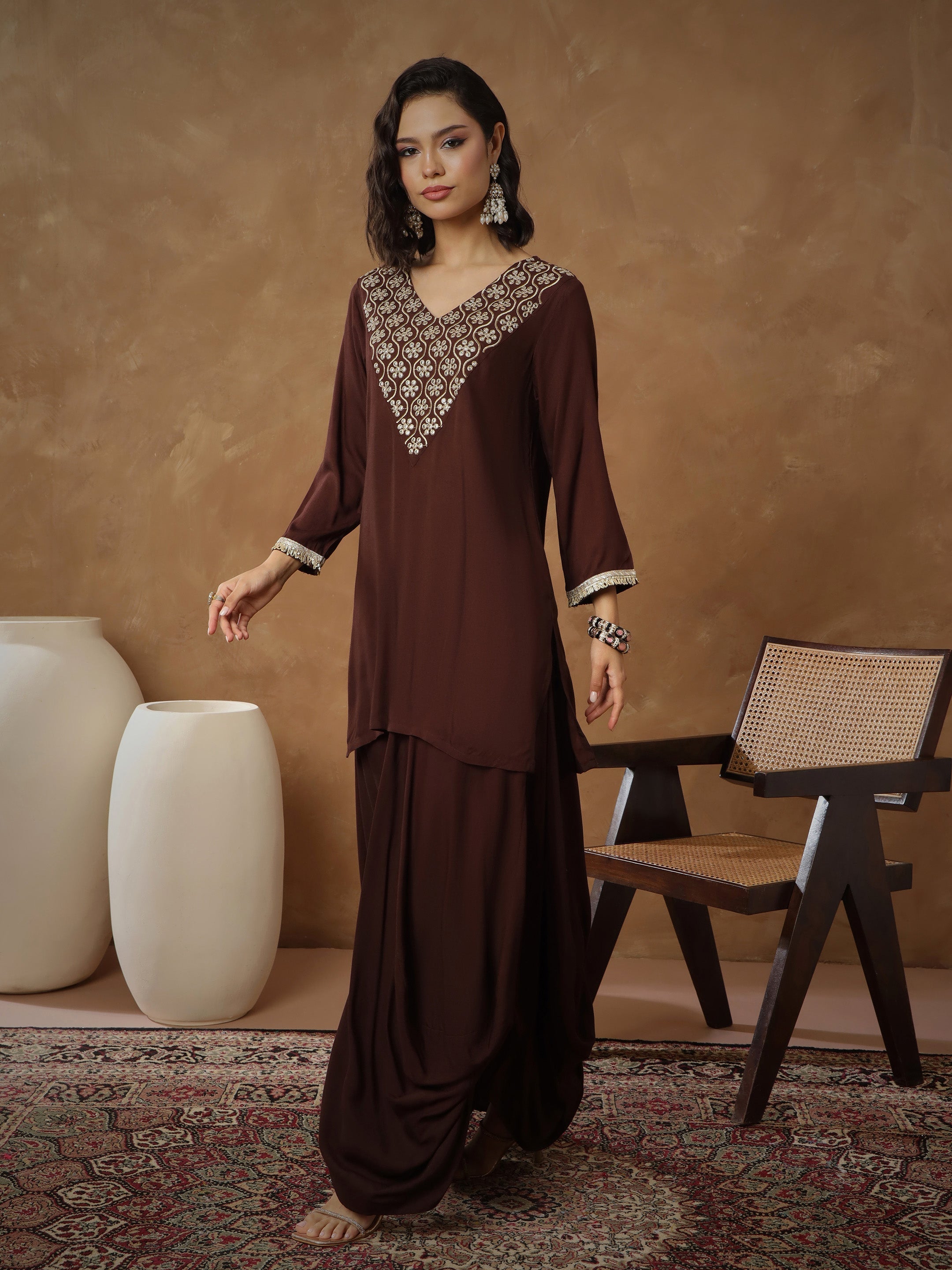 Women's Brown Embroidered Short Kurta With Dhoti Skirt