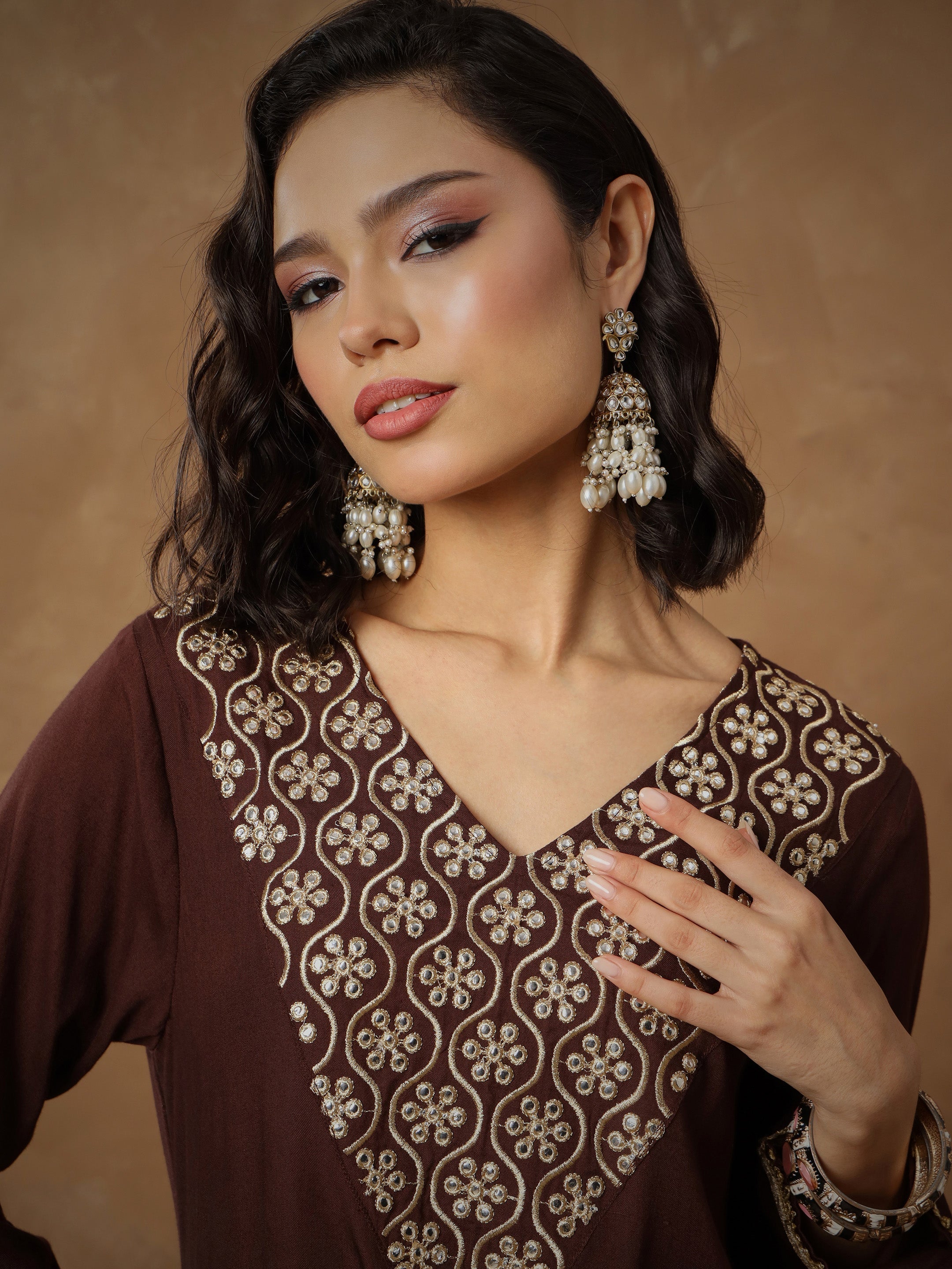 Women's Brown Embroidered Short Kurta With Dhoti Skirt