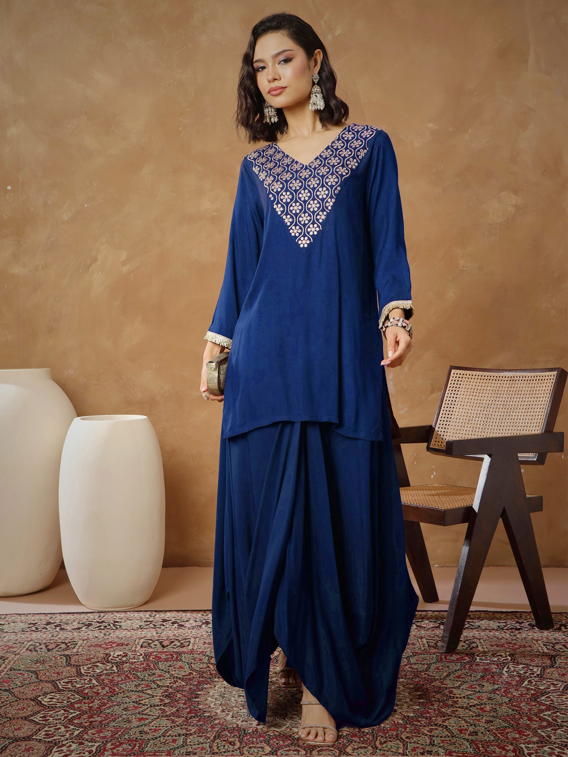 Women's Navy Embroidered Short Kurta With Dhoti Skirt