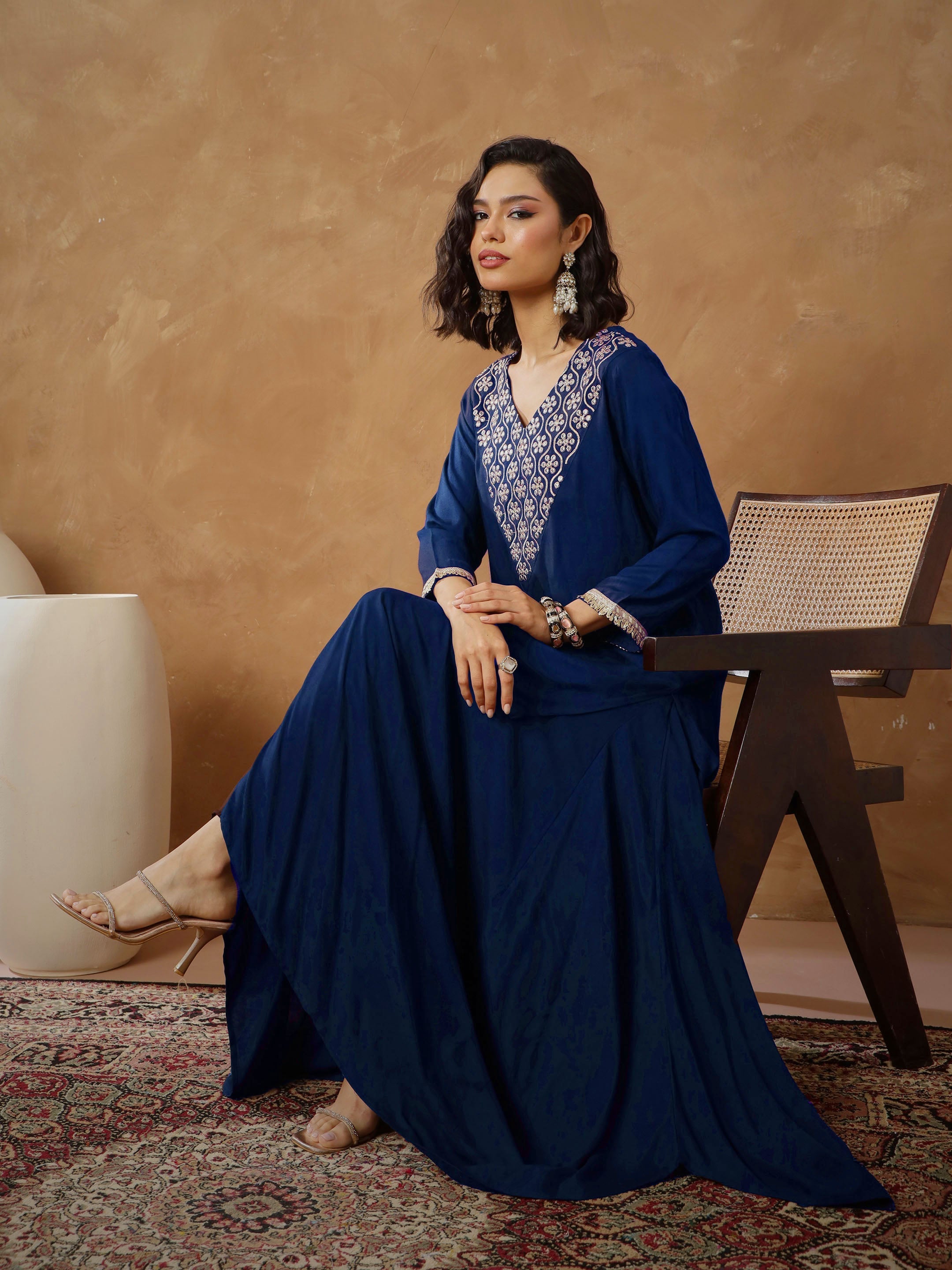 Women's Navy Embroidered Short Kurta With Dhoti Skirt
