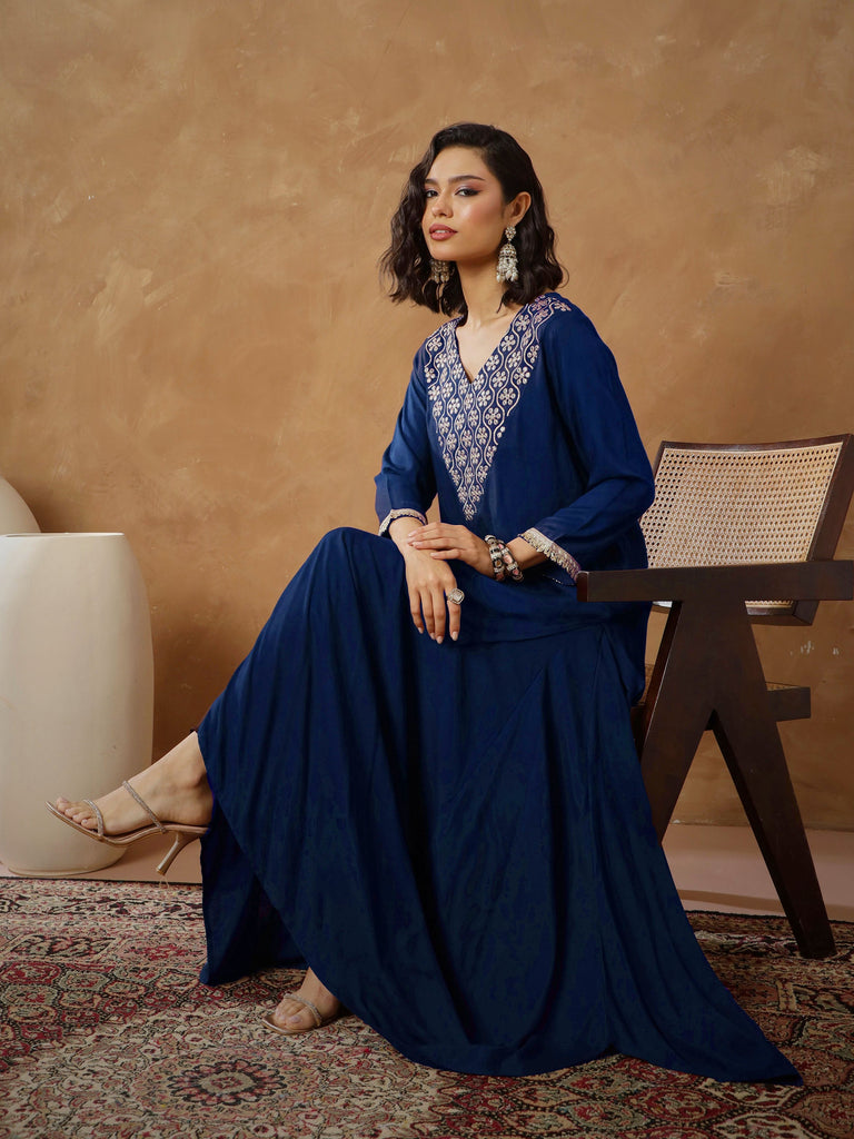 Women's Navy Embroidered Short Kurta With Dhoti Skirt