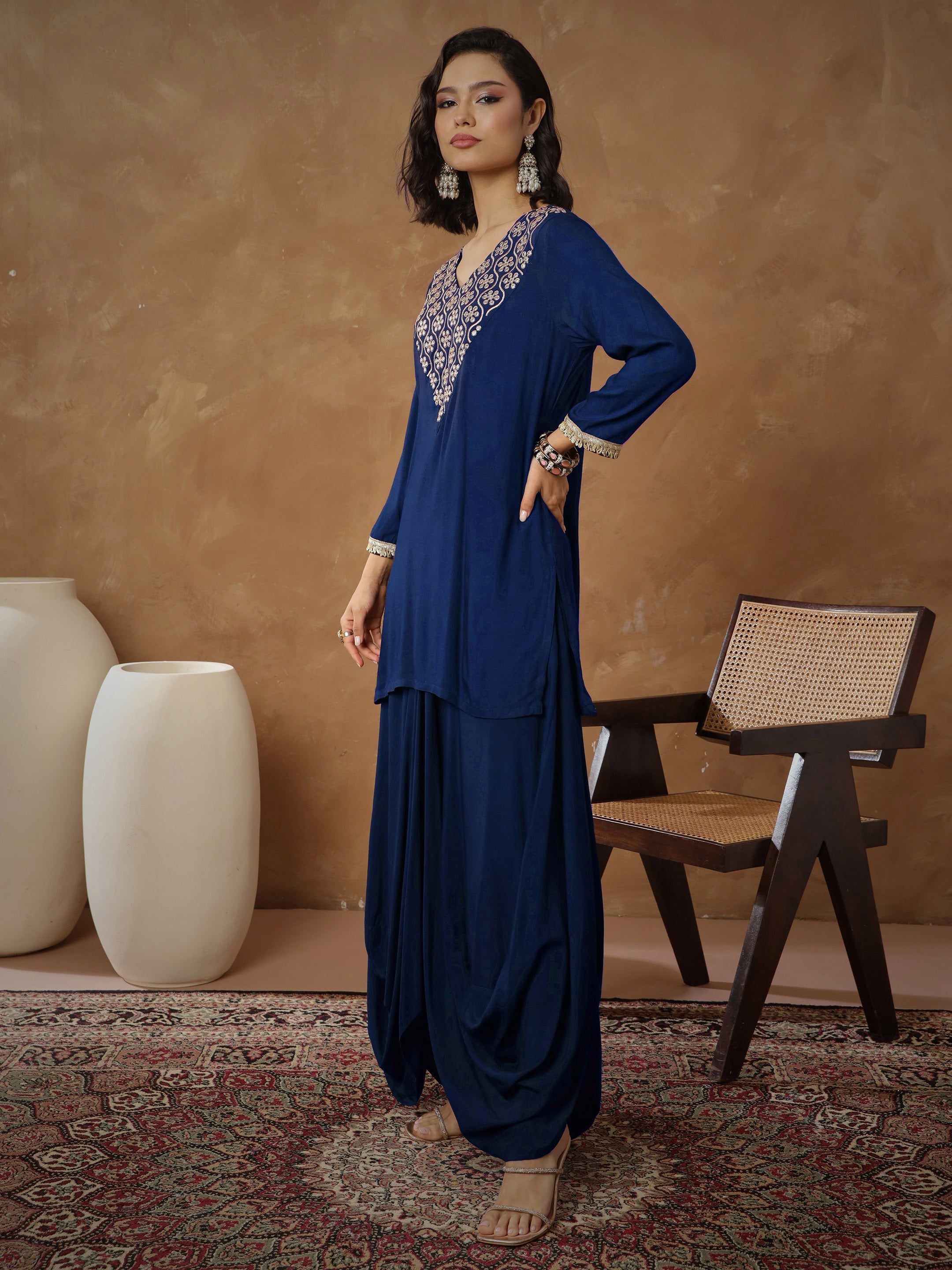 Women's Navy Embroidered Short Kurta With Dhoti Skirt