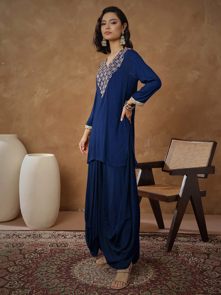 Women's Navy Embroidered Short Kurta With Dhoti Skirt