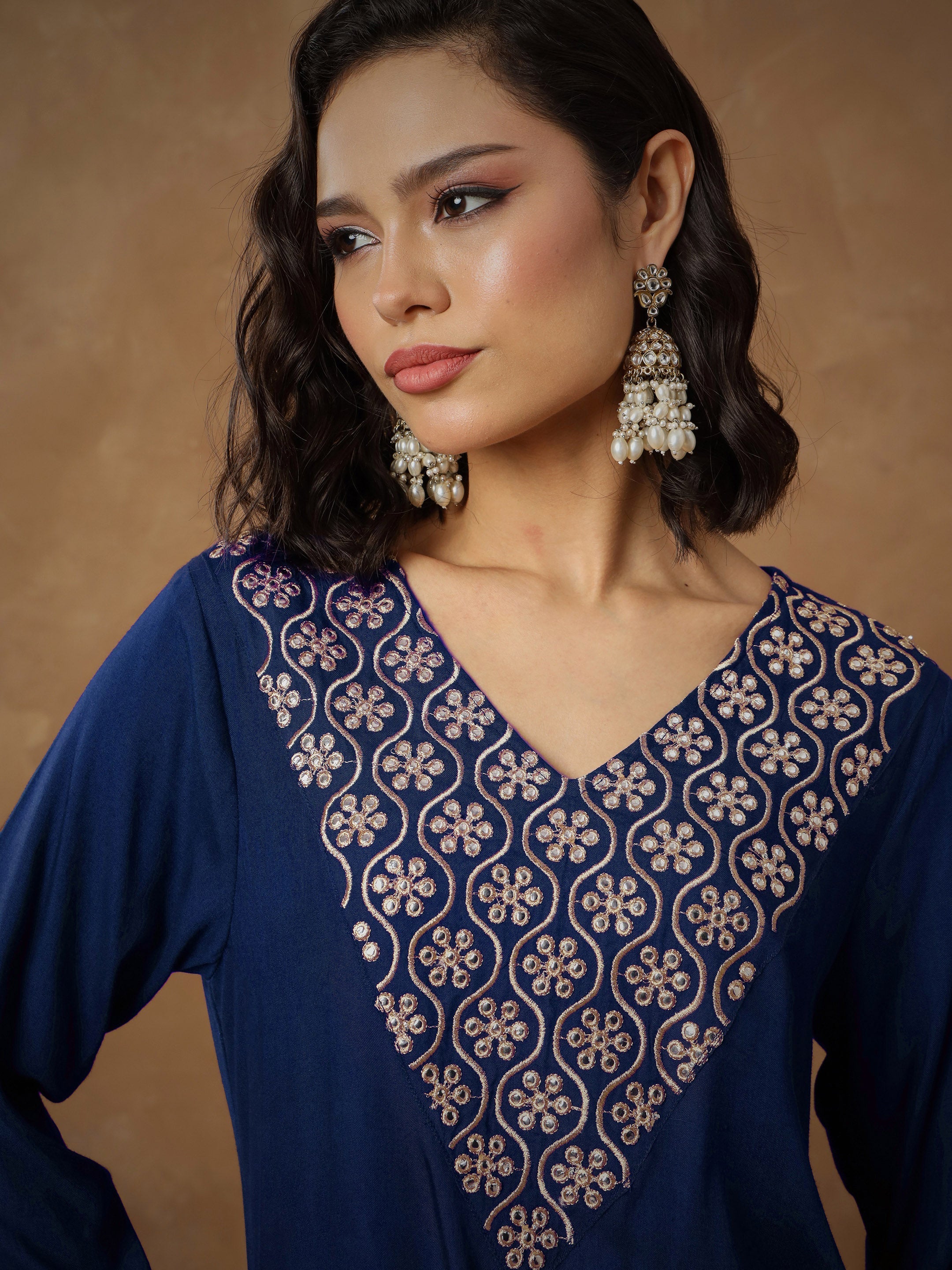 Women's Navy Embroidered Short Kurta With Dhoti Skirt