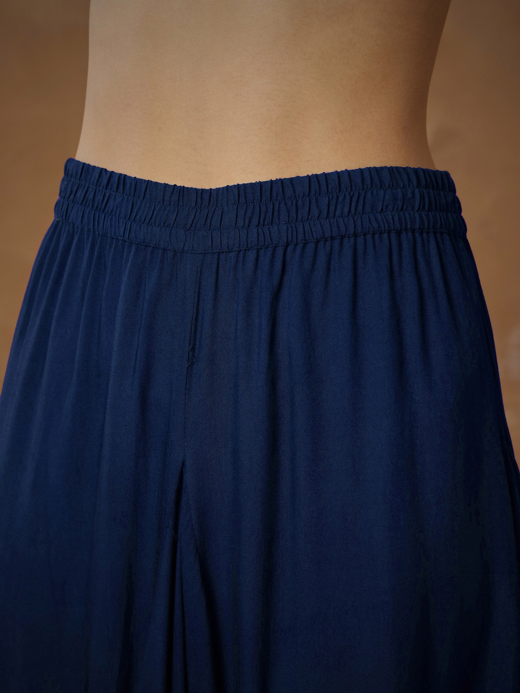 Women's Navy Embroidered Short Kurta With Dhoti Skirt