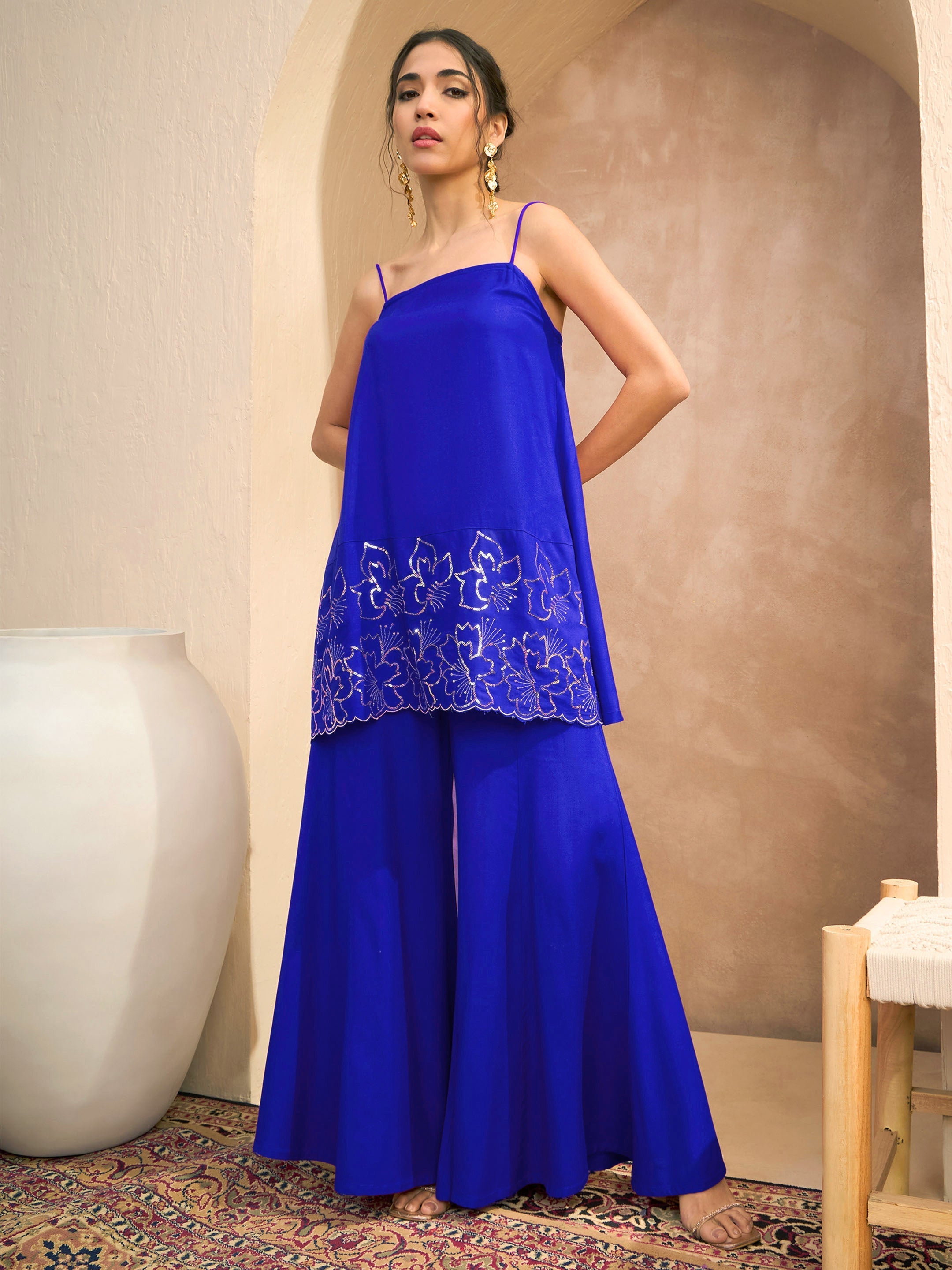 Women's Navy Embroidered Strappy Kurta With Palazzos