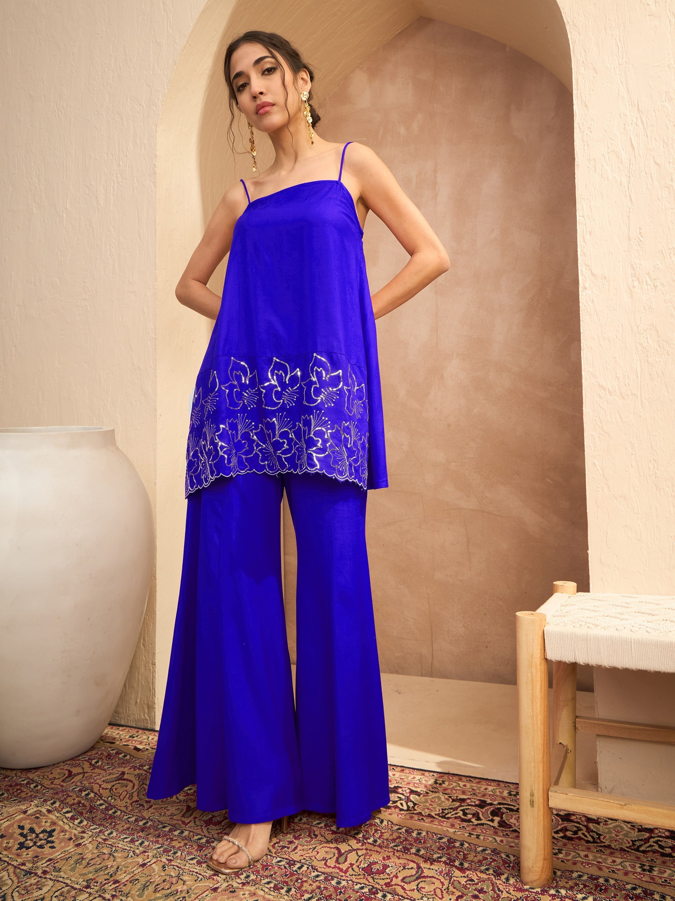 Women's Navy Embroidered Strappy Kurta With Palazzos