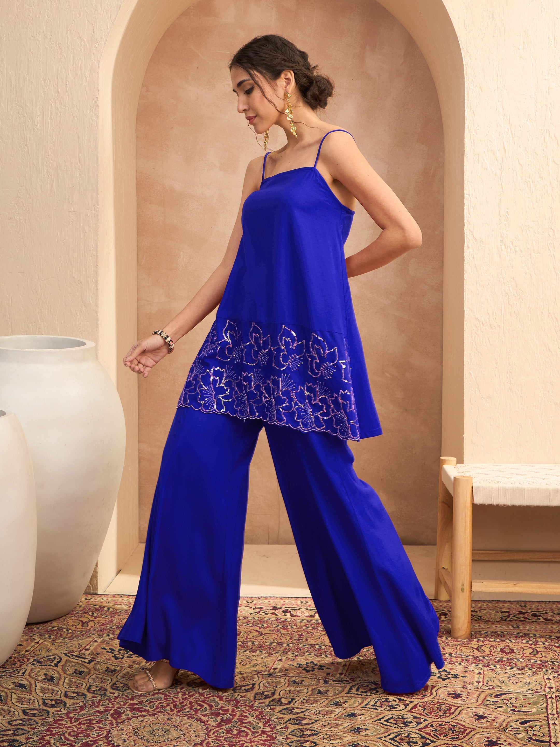 Women's Navy Embroidered Strappy Kurta With Palazzos