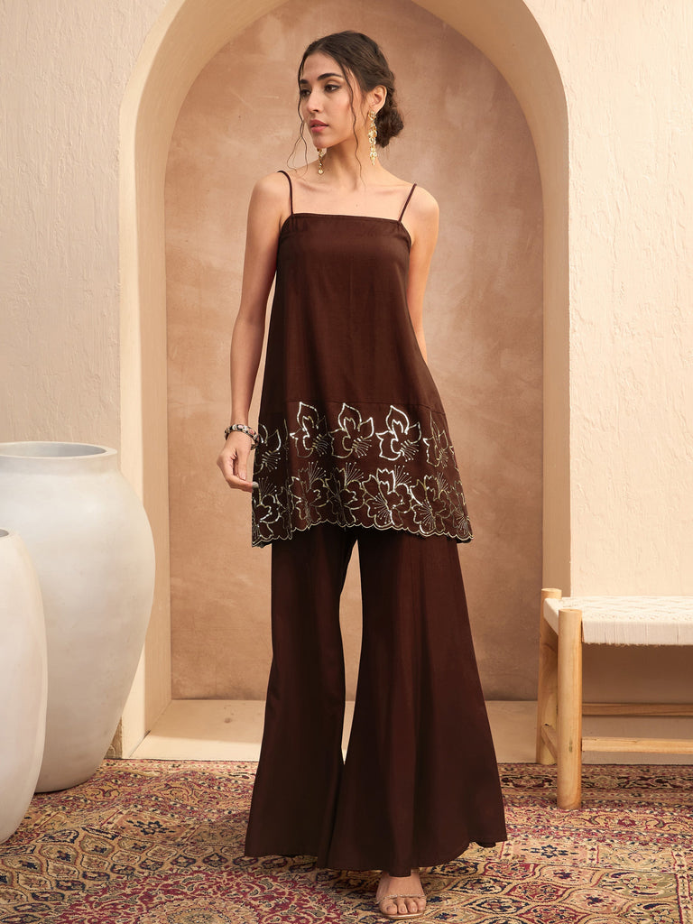 Women's Brown Embroidered Strappy Kurta With Palazzos