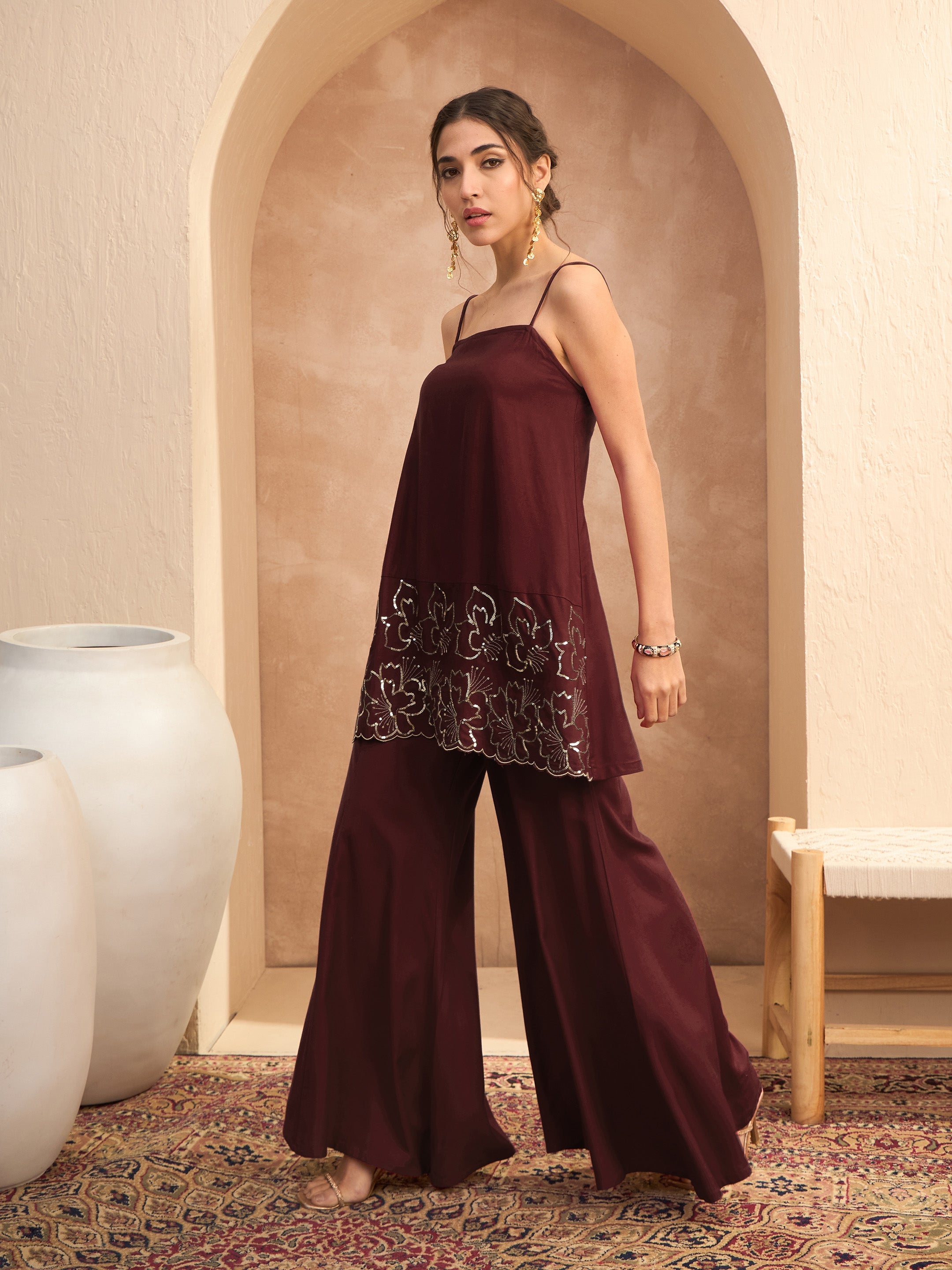 Women's Brown Embroidered Strappy Kurta With Palazzos