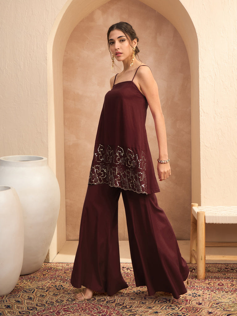 Women's Brown Embroidered Strappy Kurta With Palazzos
