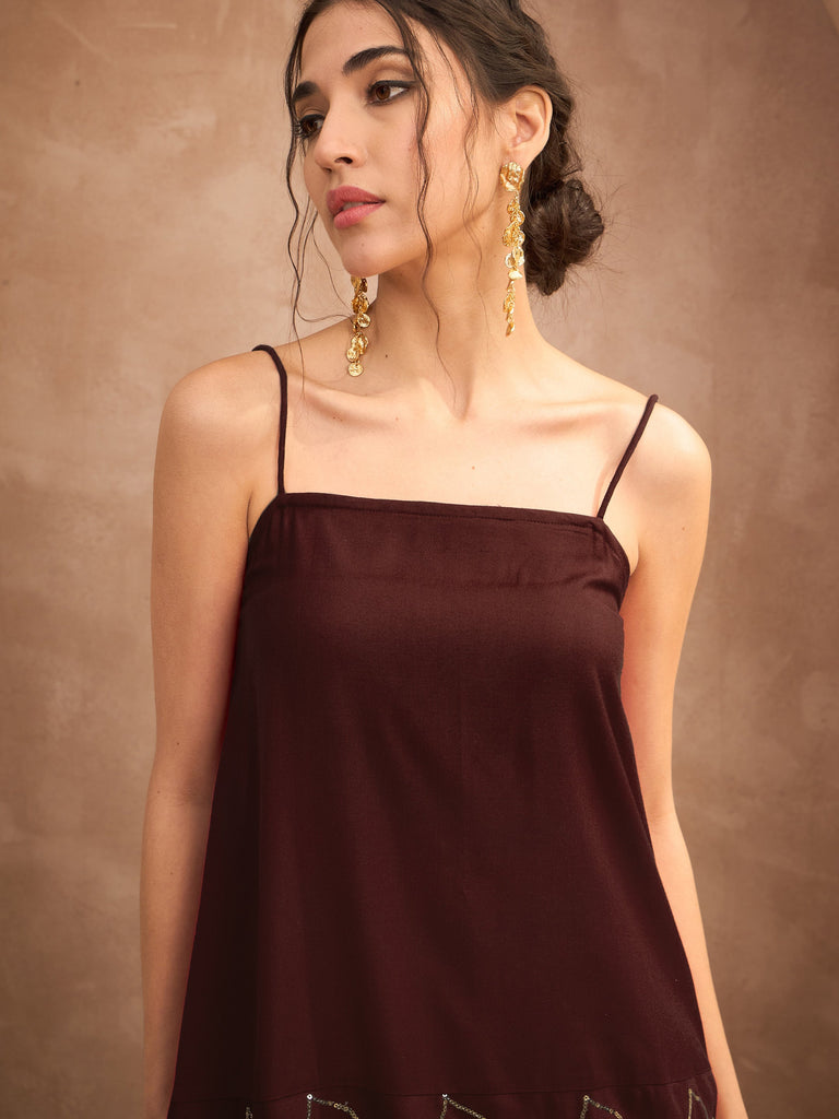 Women's Brown Embroidered Strappy Kurta With Palazzos