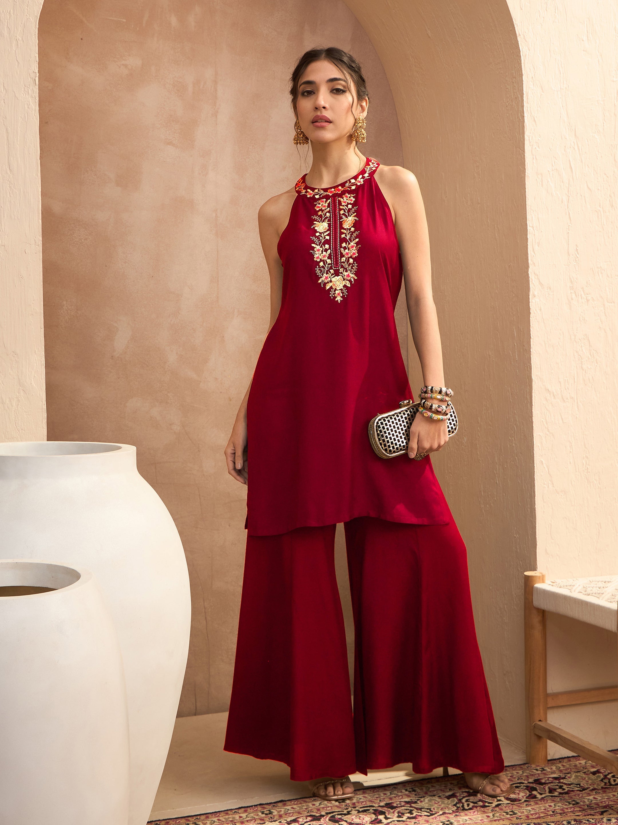 Women's Red Embroidered Halter Kurta With Palazzos