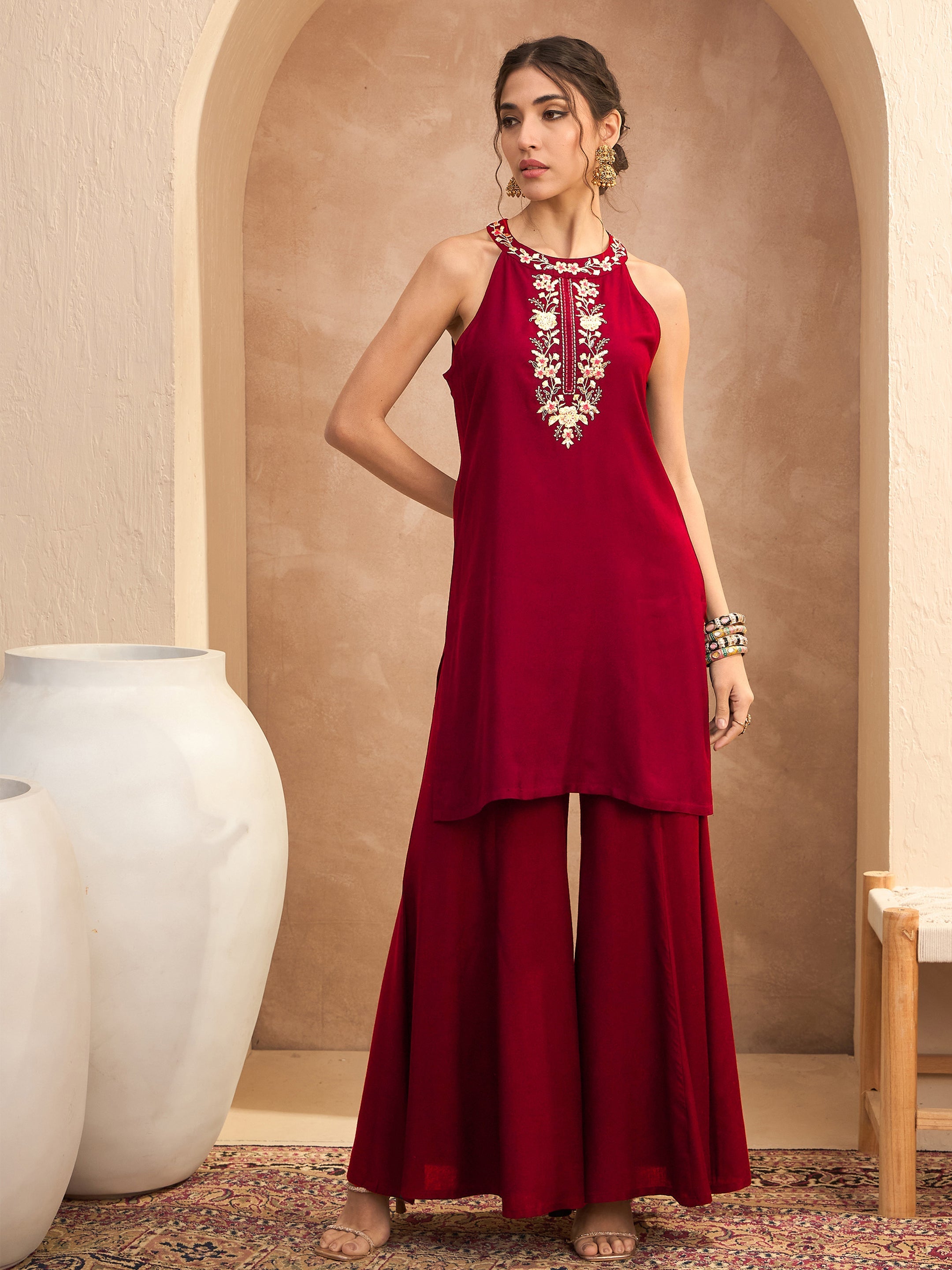 Women's Red Embroidered Halter Kurta With Palazzos