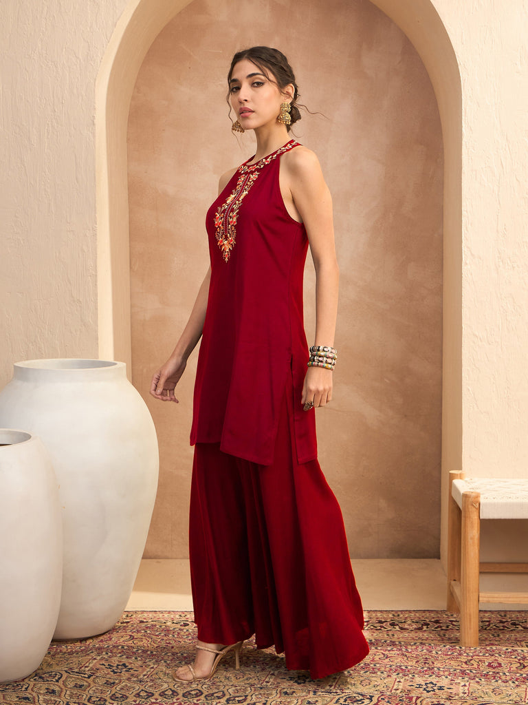 Women's Red Embroidered Halter Kurta With Palazzos