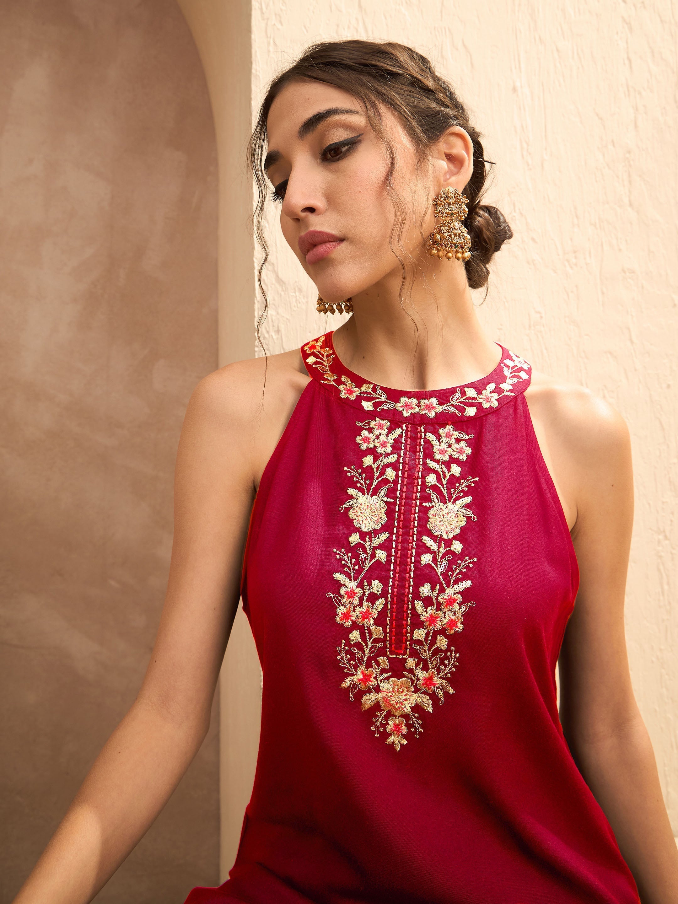 Women's Red Embroidered Halter Kurta With Palazzos