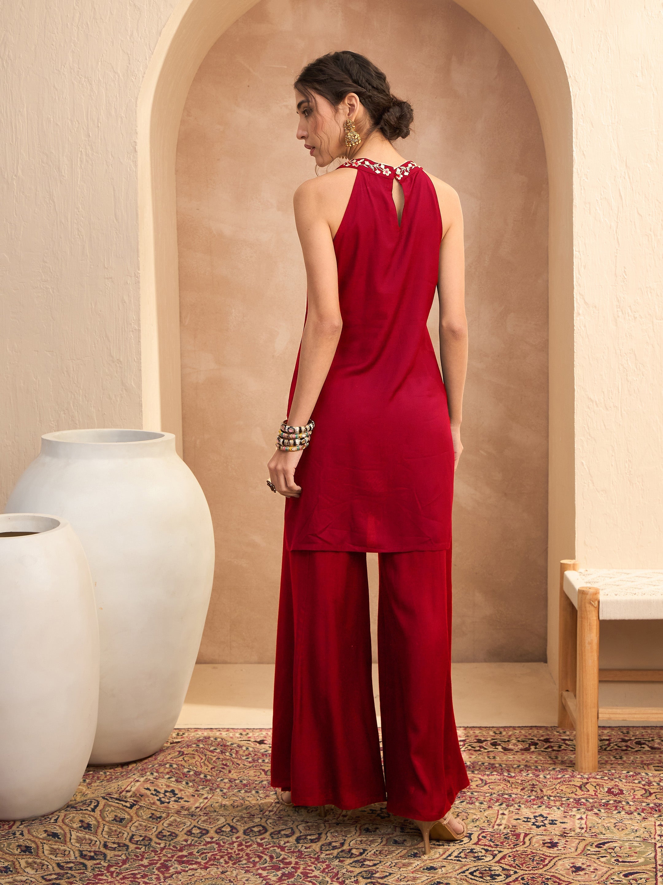 Women's Red Embroidered Halter Kurta With Palazzos