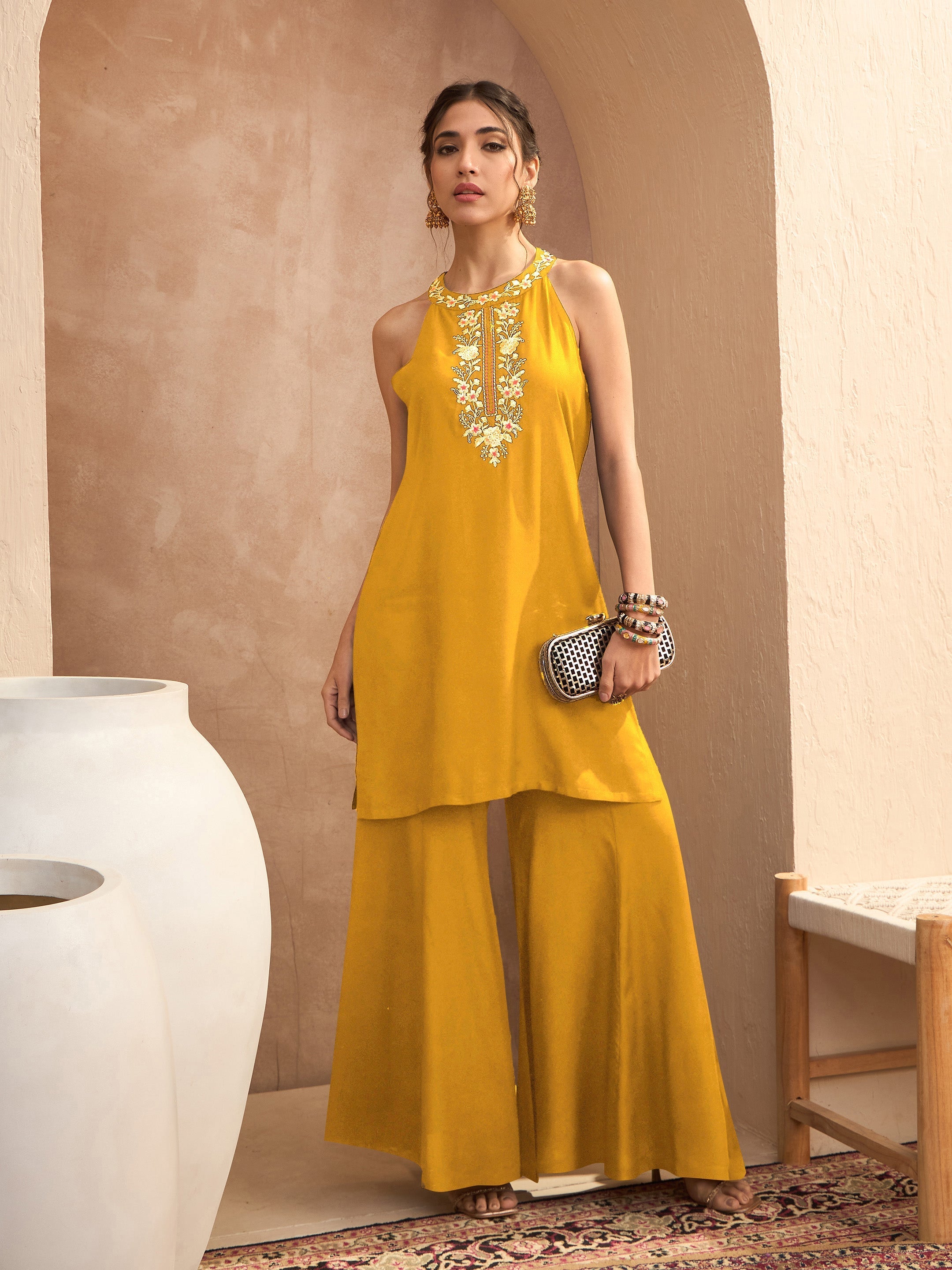 Women's Mustard Embroidered Halter Kurta With Palazzos