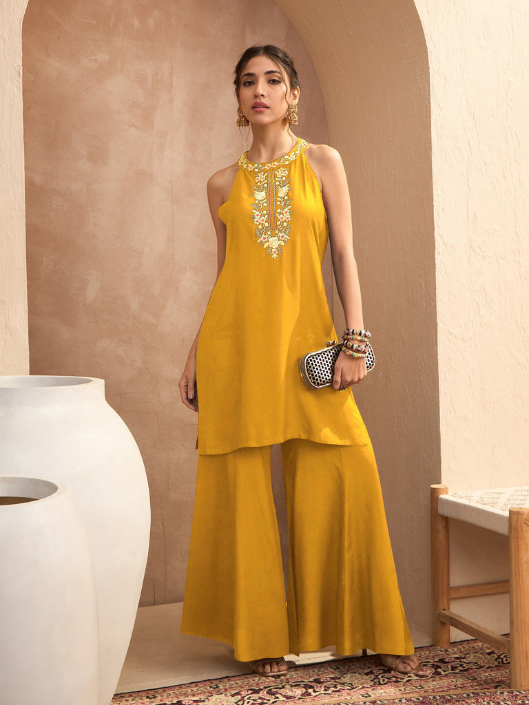 Women's Mustard Embroidered Halter Kurta With Palazzos