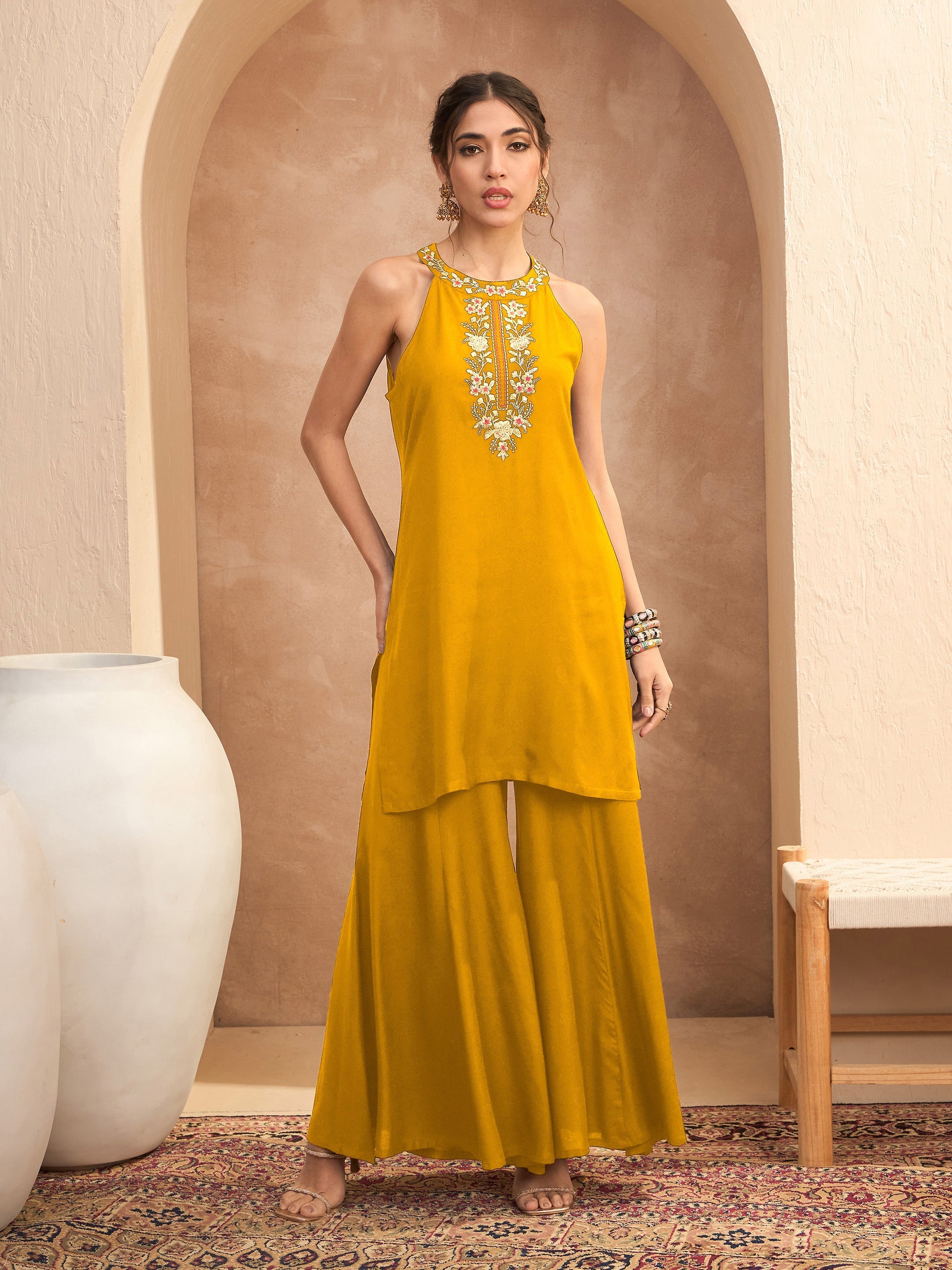 Women's Mustard Embroidered Halter Kurta With Palazzos