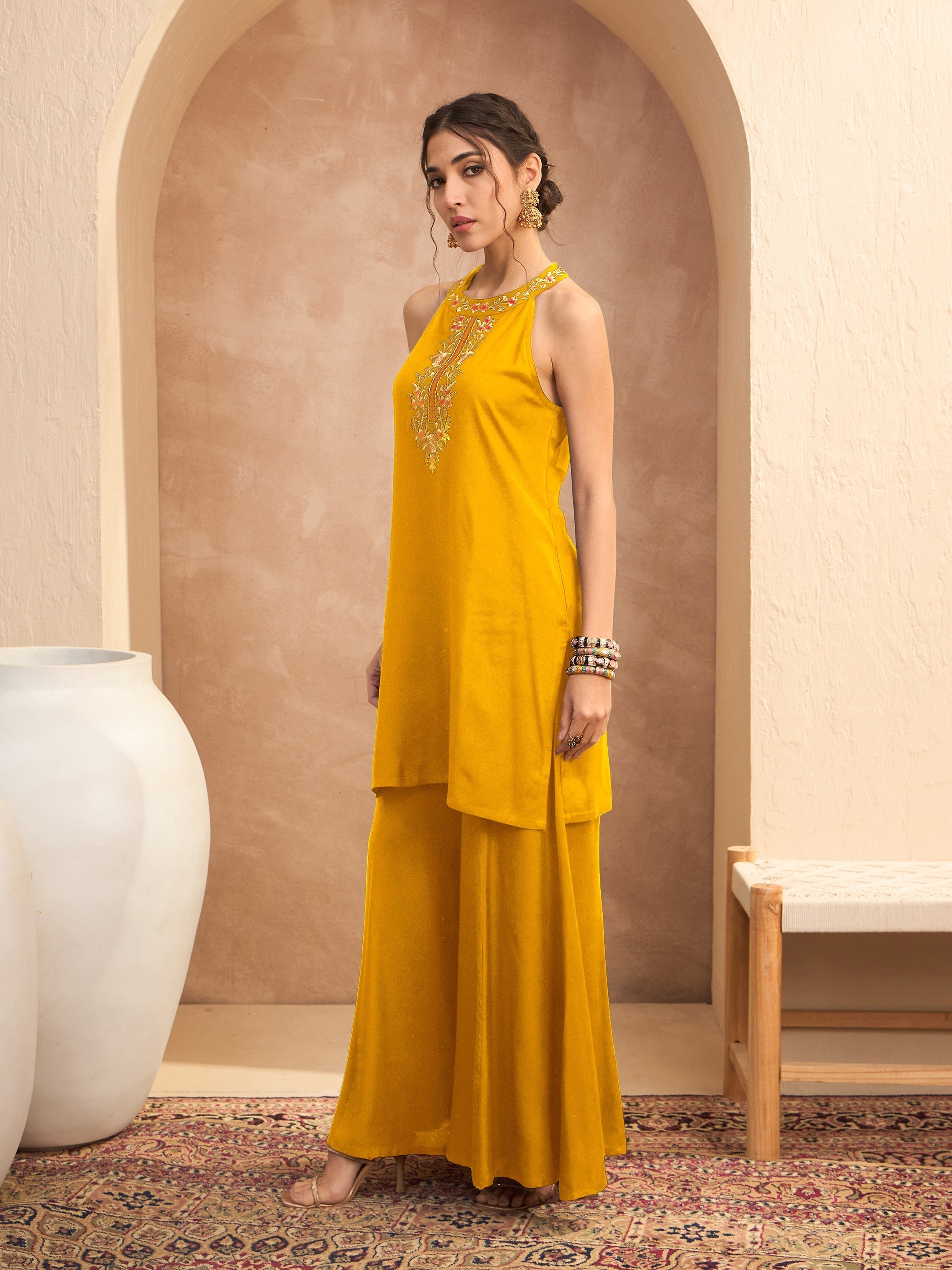 Women's Mustard Embroidered Halter Kurta With Palazzos