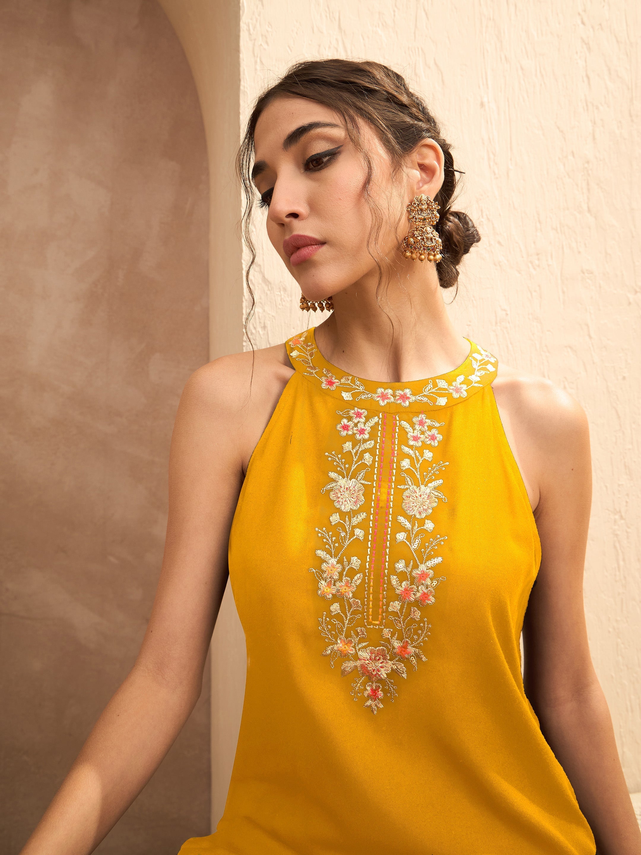 Women's Mustard Embroidered Halter Kurta With Palazzos