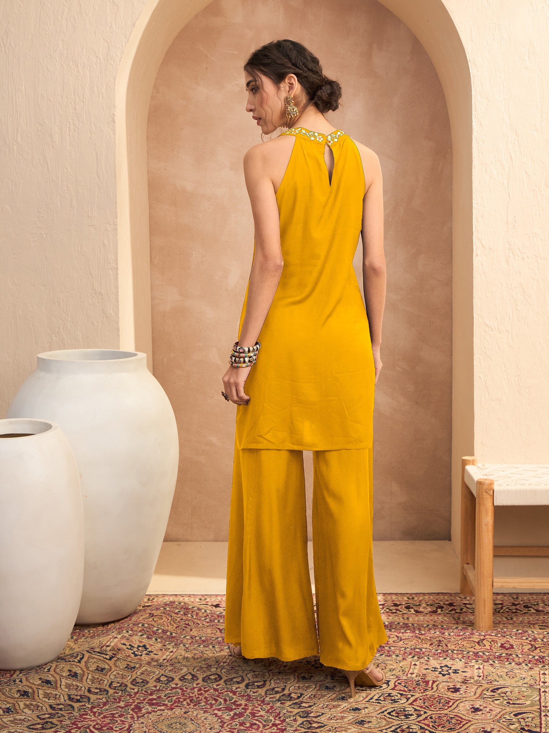 Women's Mustard Embroidered Halter Kurta With Palazzos