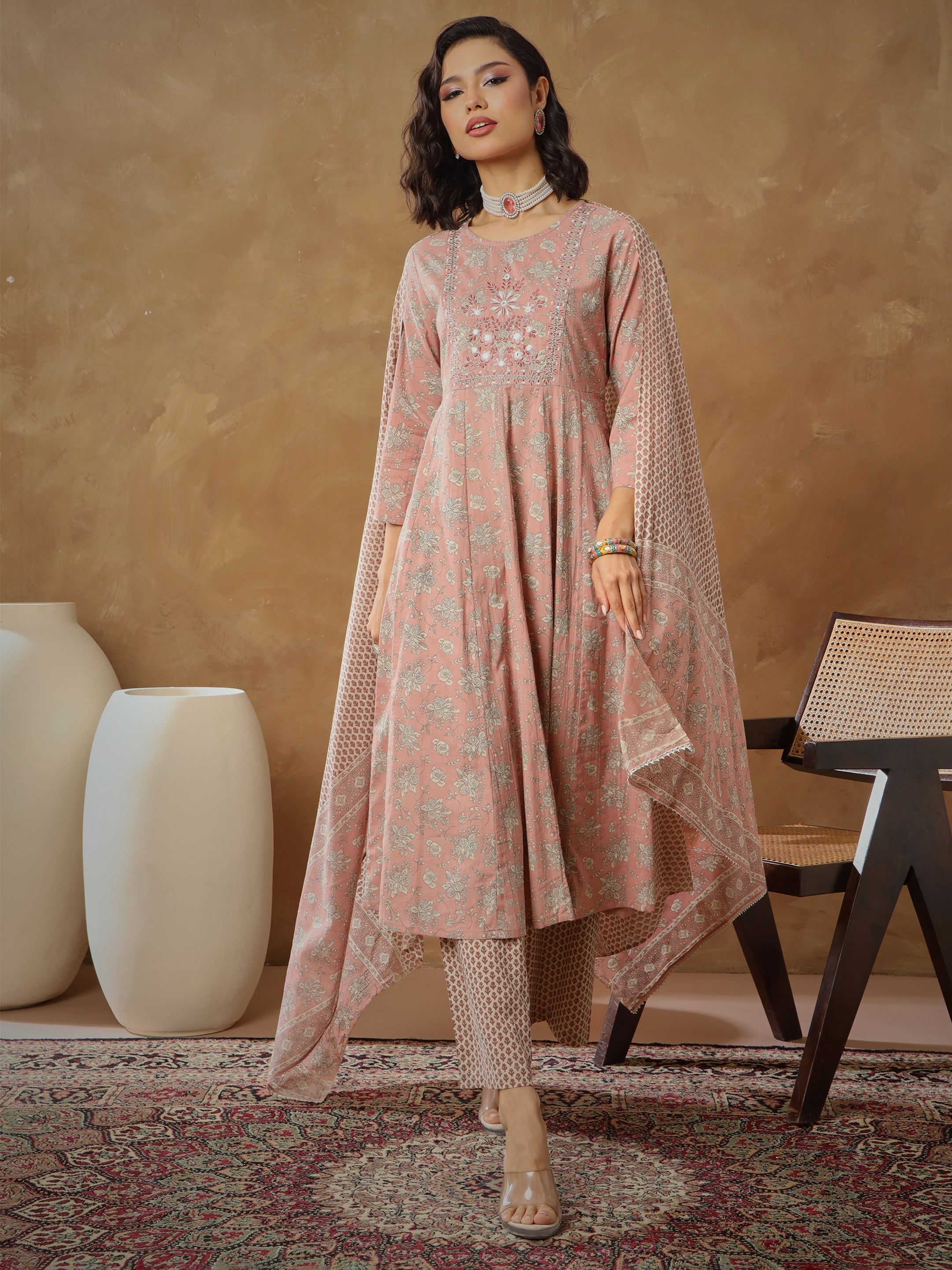 Women's Peach Floral Anarkali Kurta With Pants & Dupatta