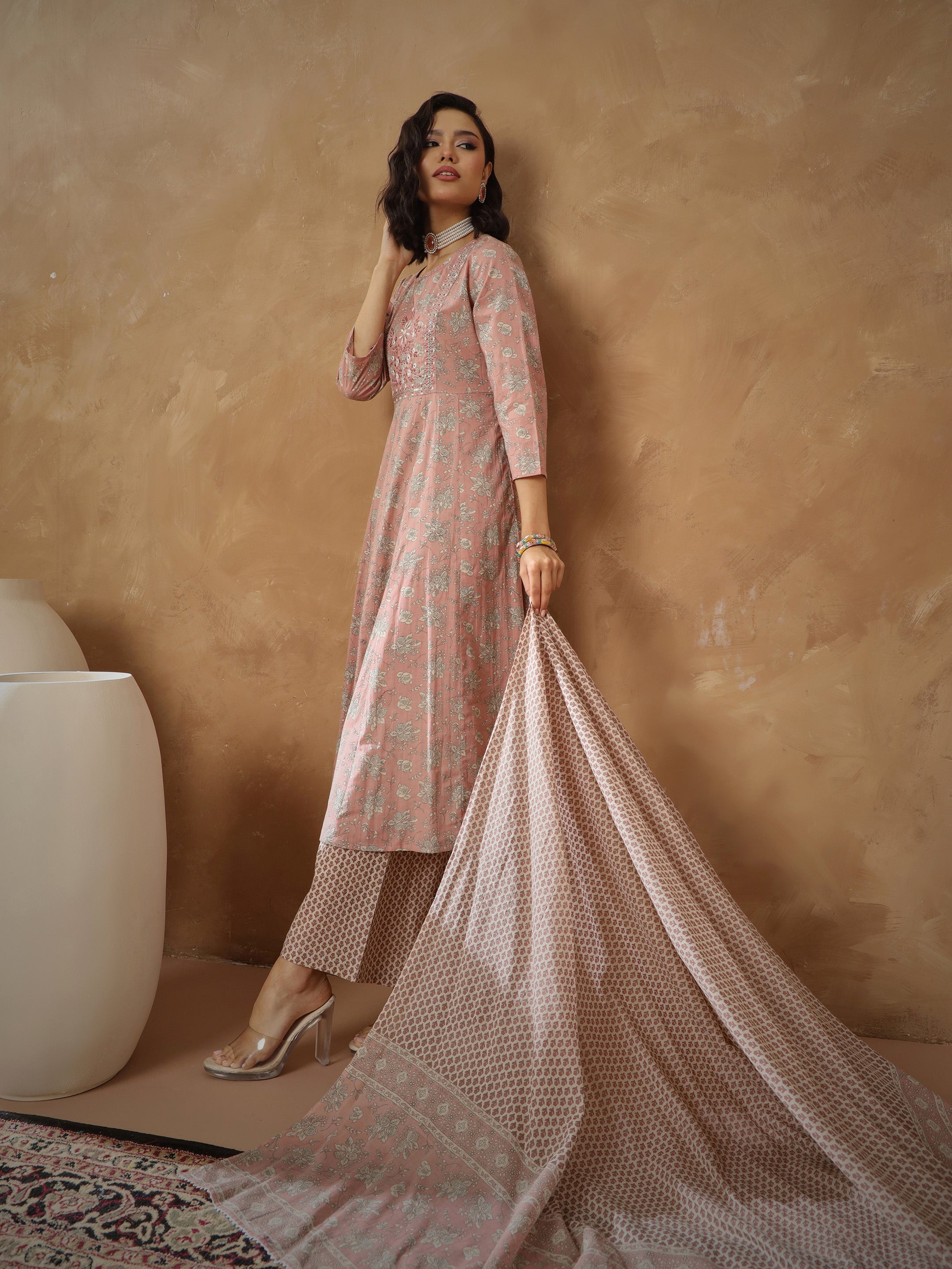Women's Peach Floral Anarkali Kurta With Pants & Dupatta