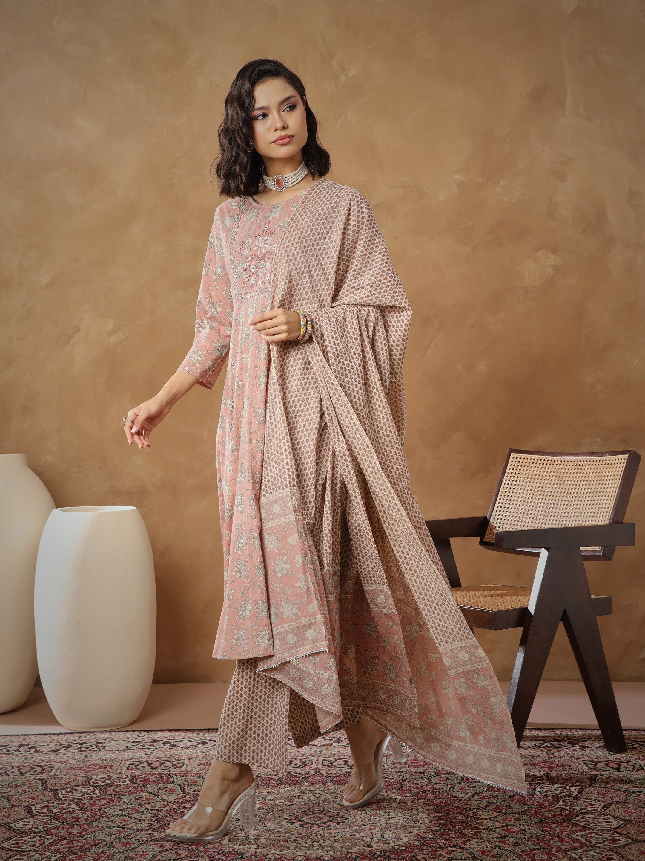 Women's Peach Floral Anarkali Kurta With Pants & Dupatta