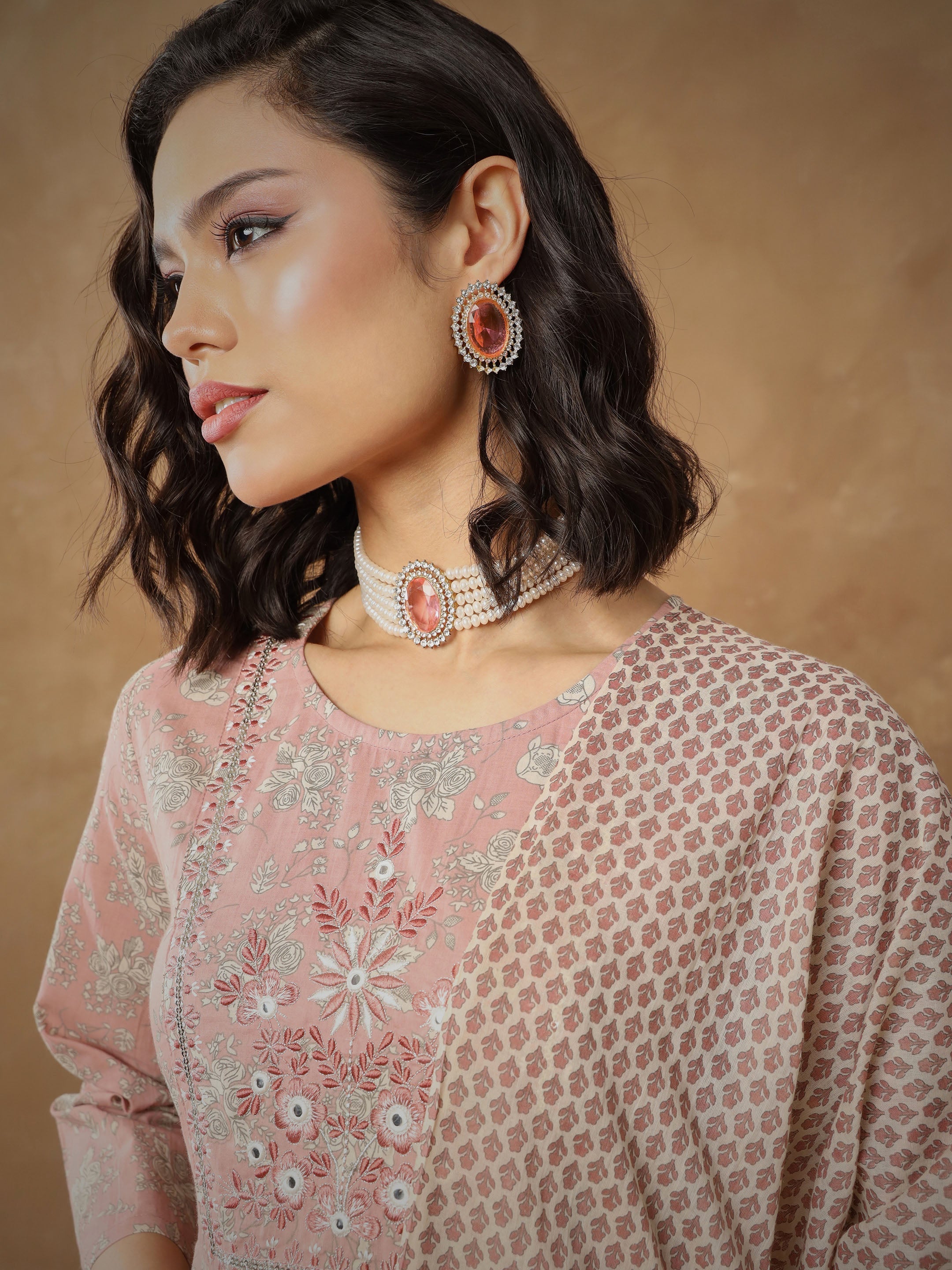 Women's Peach Floral Anarkali Kurta With Pants & Dupatta