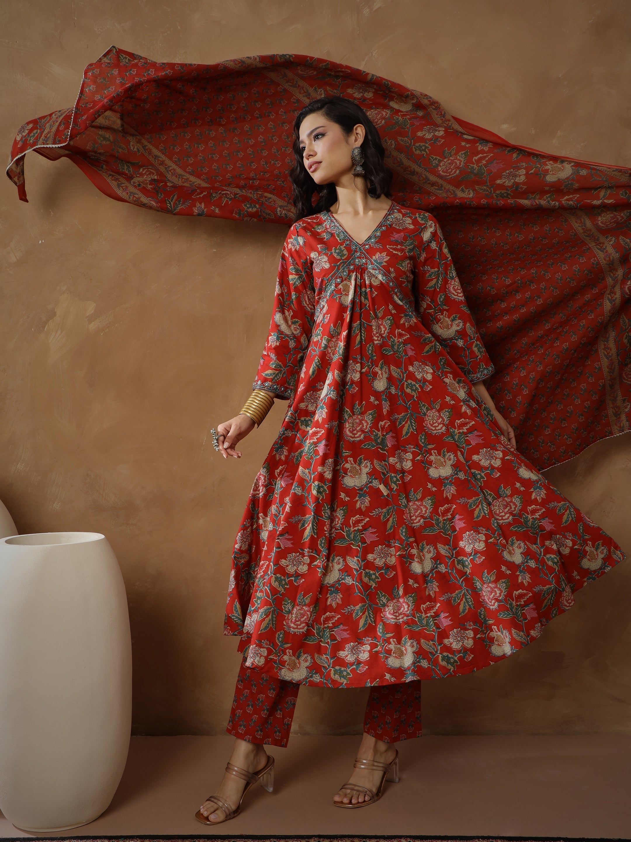 Women's Red Floral Anarkali Kurta With Pants & Dupatta