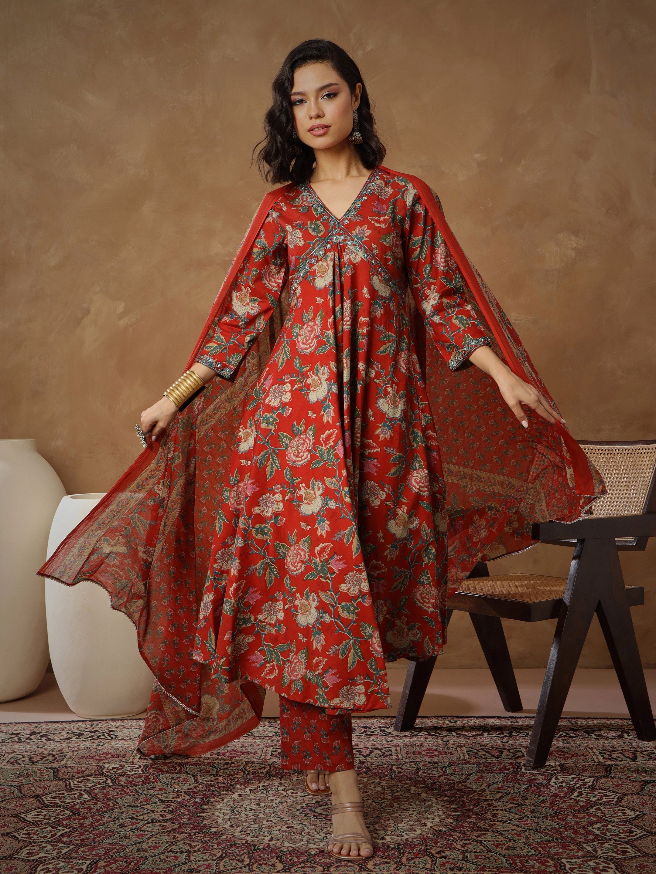 Women's Red Floral Anarkali Kurta With Pants & Dupatta