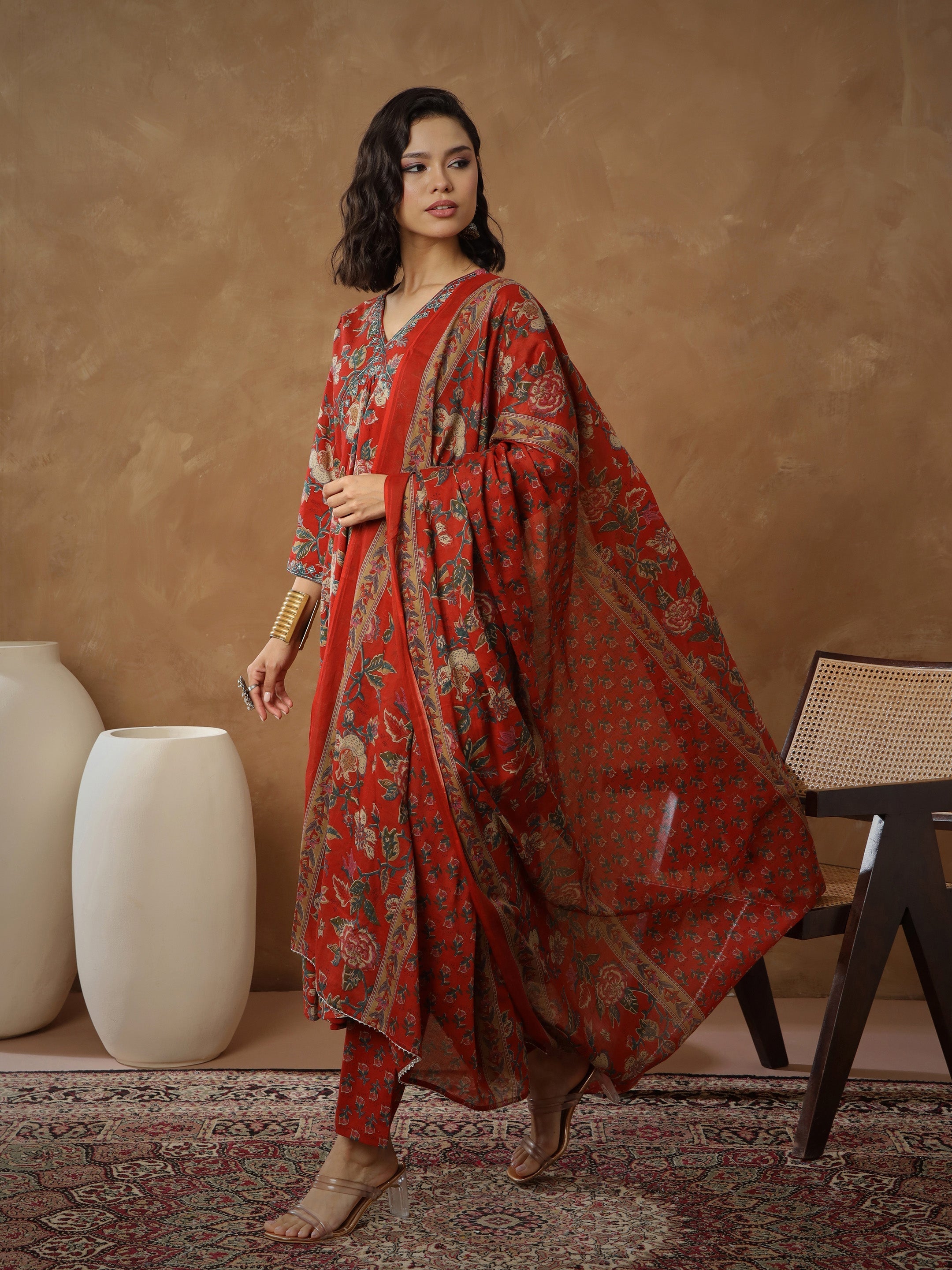 Women's Red Floral Anarkali Kurta With Pants & Dupatta