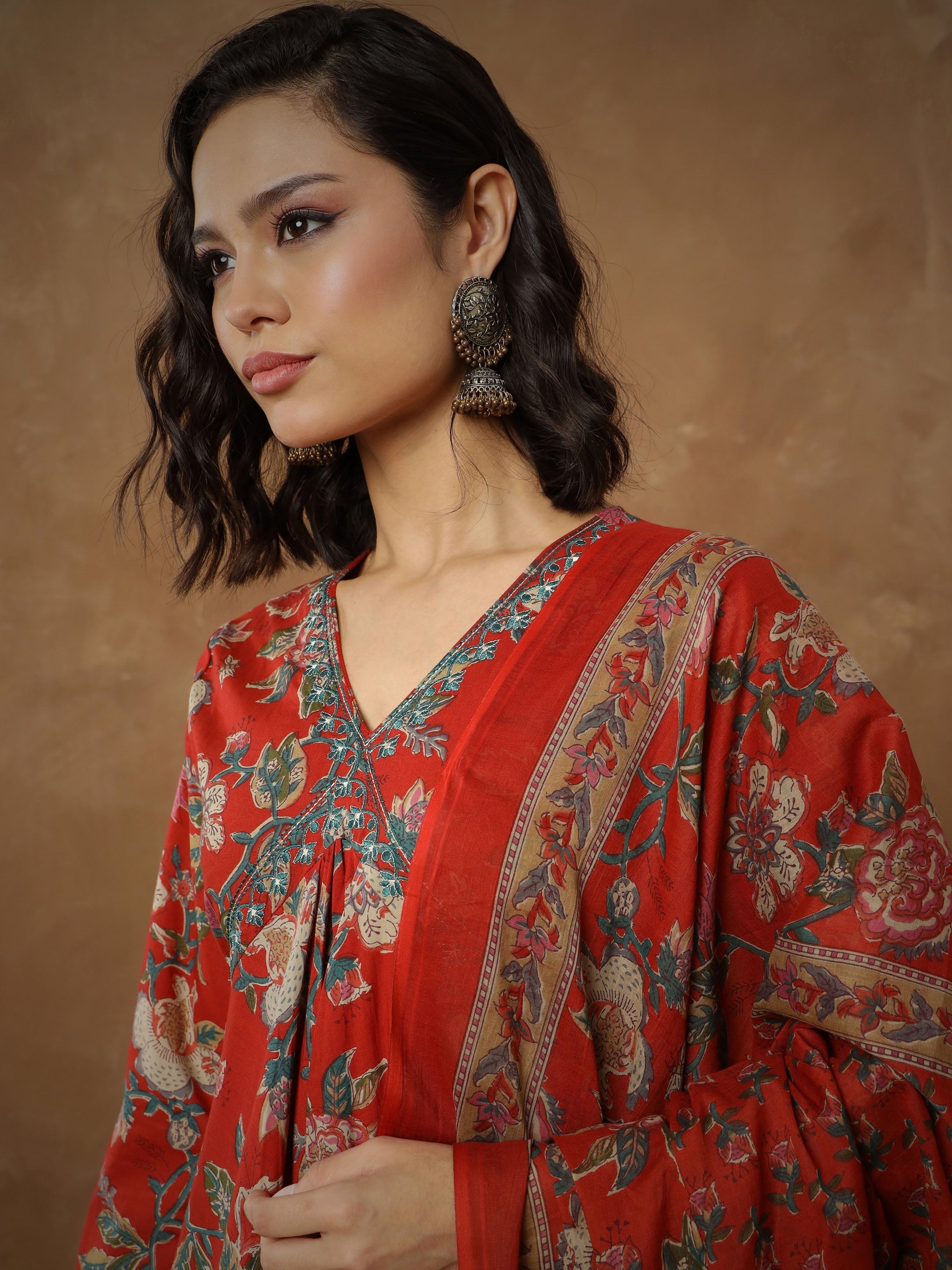 Women's Red Floral Anarkali Kurta With Pants & Dupatta
