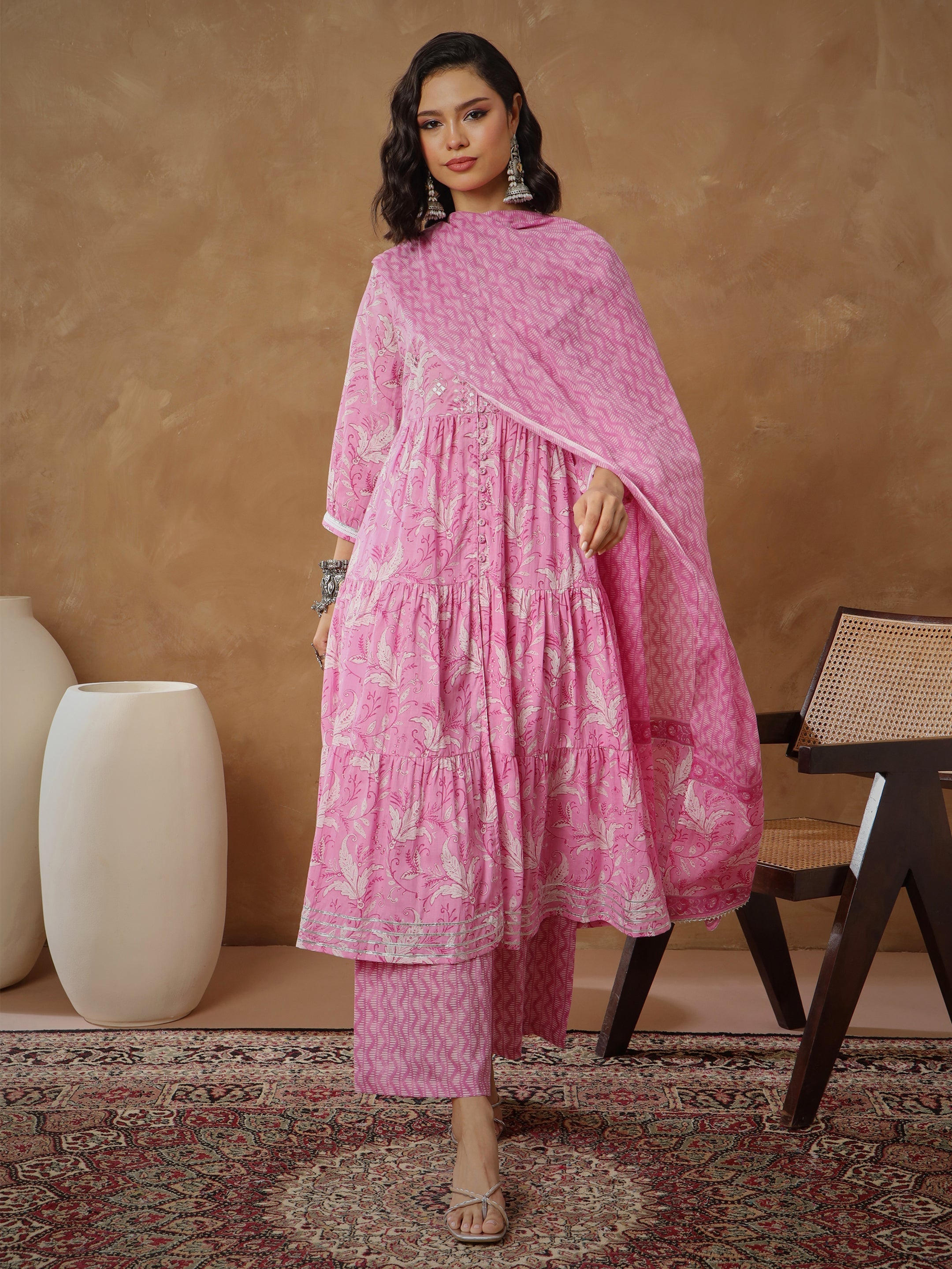 Women's Pink Floral Tiered Anarkali Kurta With Pants & Dupatta