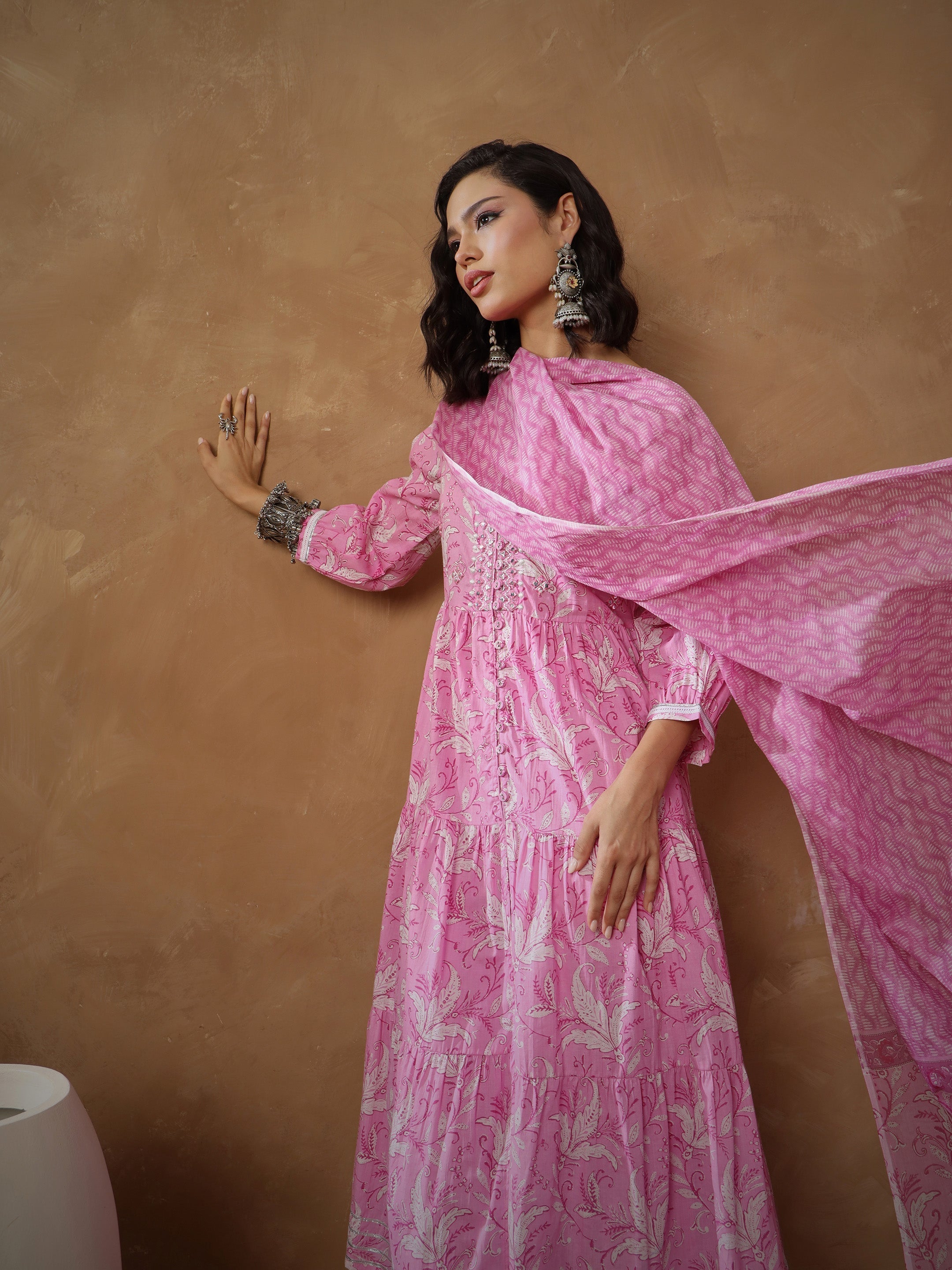 Women's Pink Floral Tiered Anarkali Kurta With Pants & Dupatta