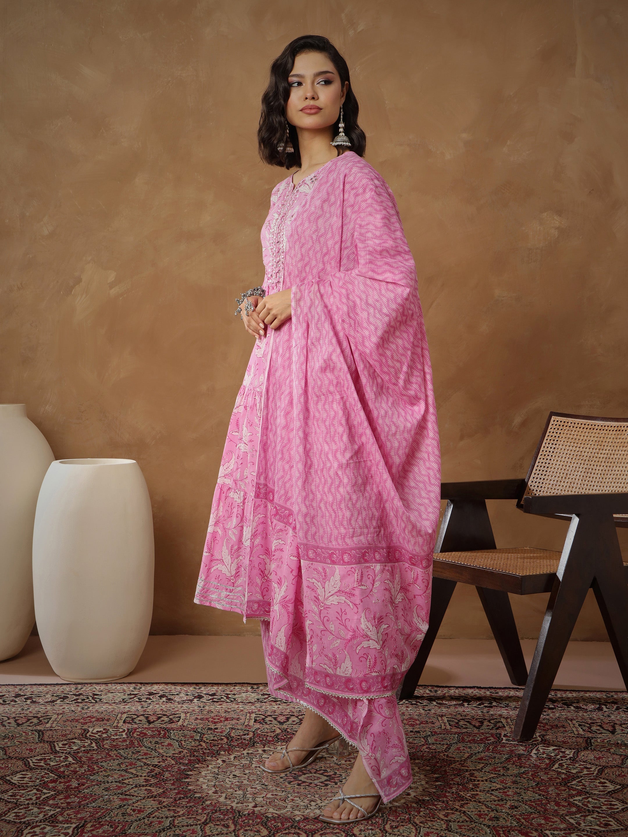 Women's Pink Floral Tiered Anarkali Kurta With Pants & Dupatta
