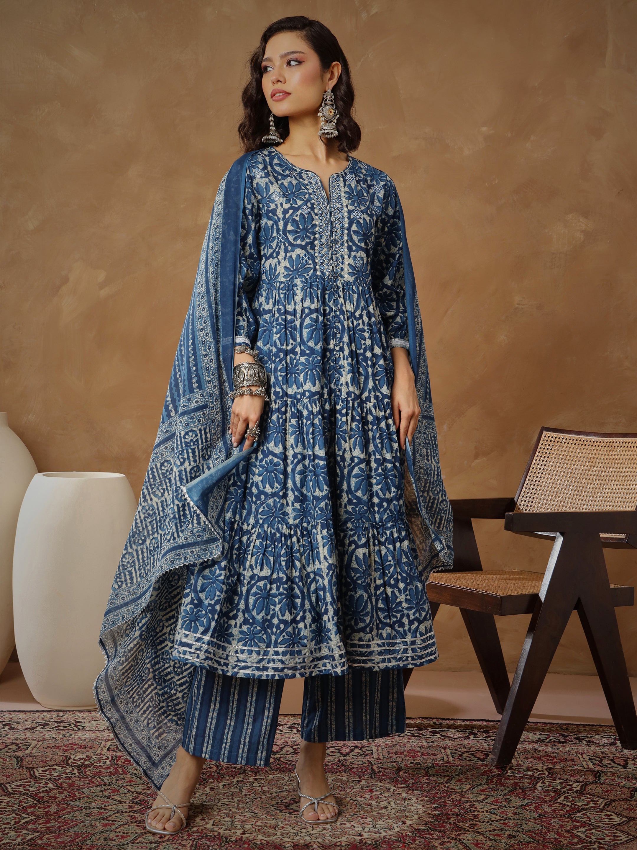 Women's Navy Floral Tiered Anarkali Kurta With Pants & Dupatta