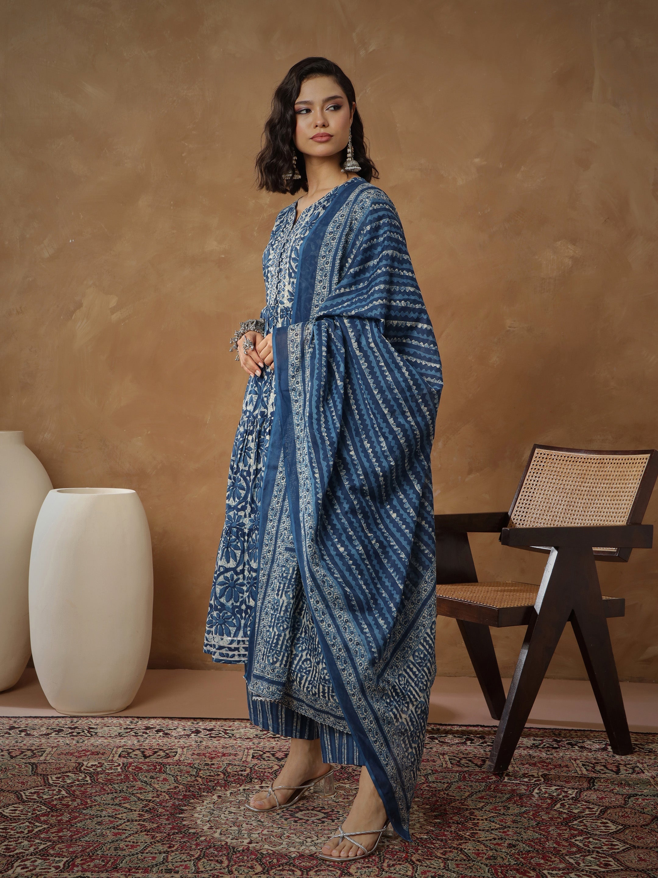 Women's Navy Floral Tiered Anarkali Kurta With Pants & Dupatta