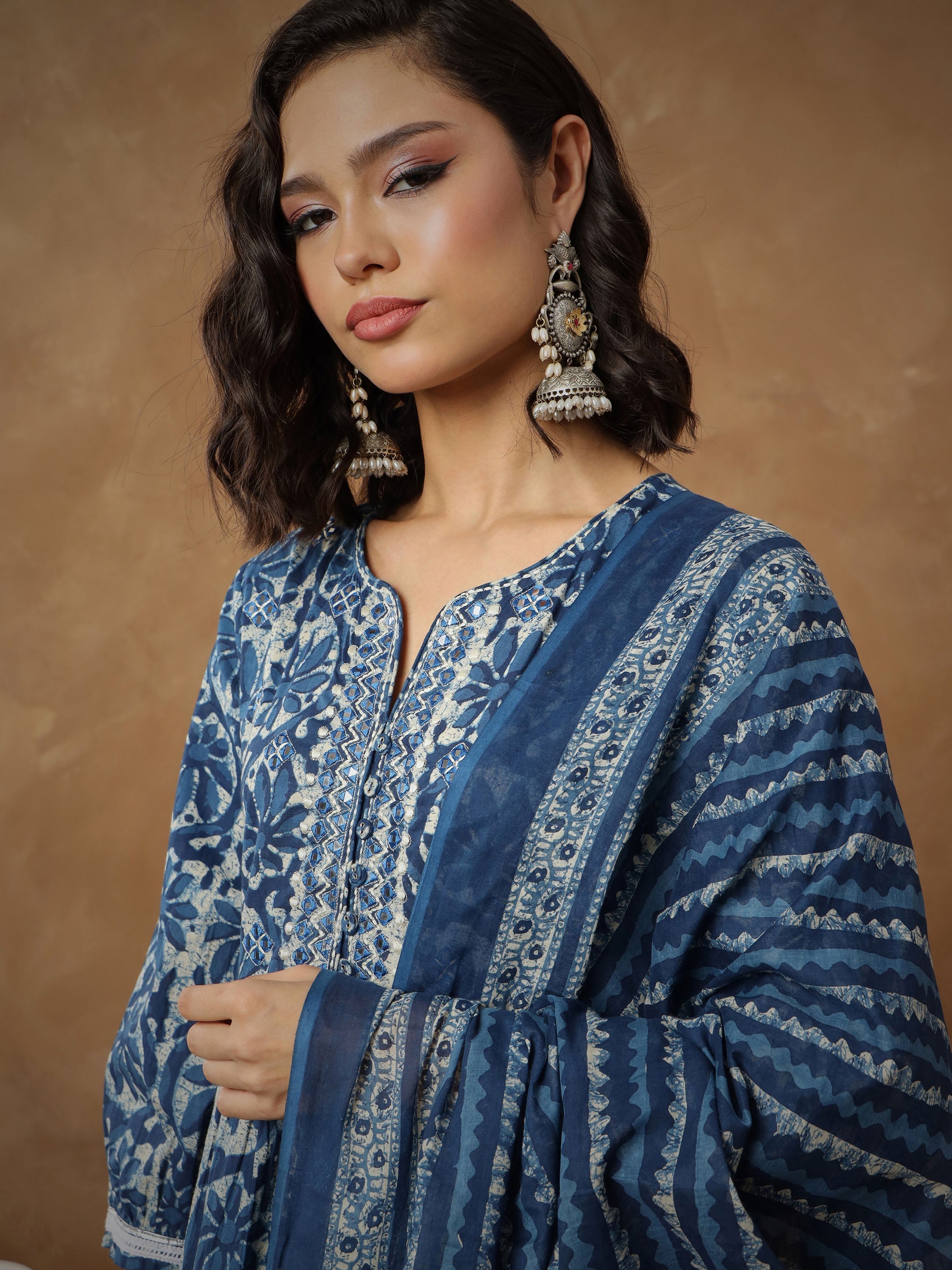 Women's Navy Floral Tiered Anarkali Kurta With Pants & Dupatta