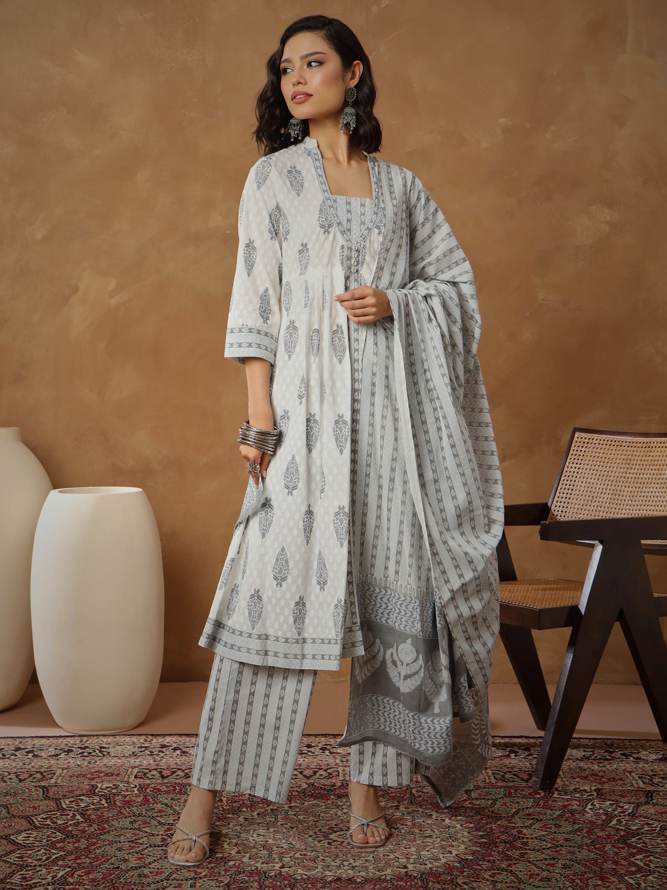 Women's White Ethnic Motif Anarkali Kurta With Pants & Dupatta