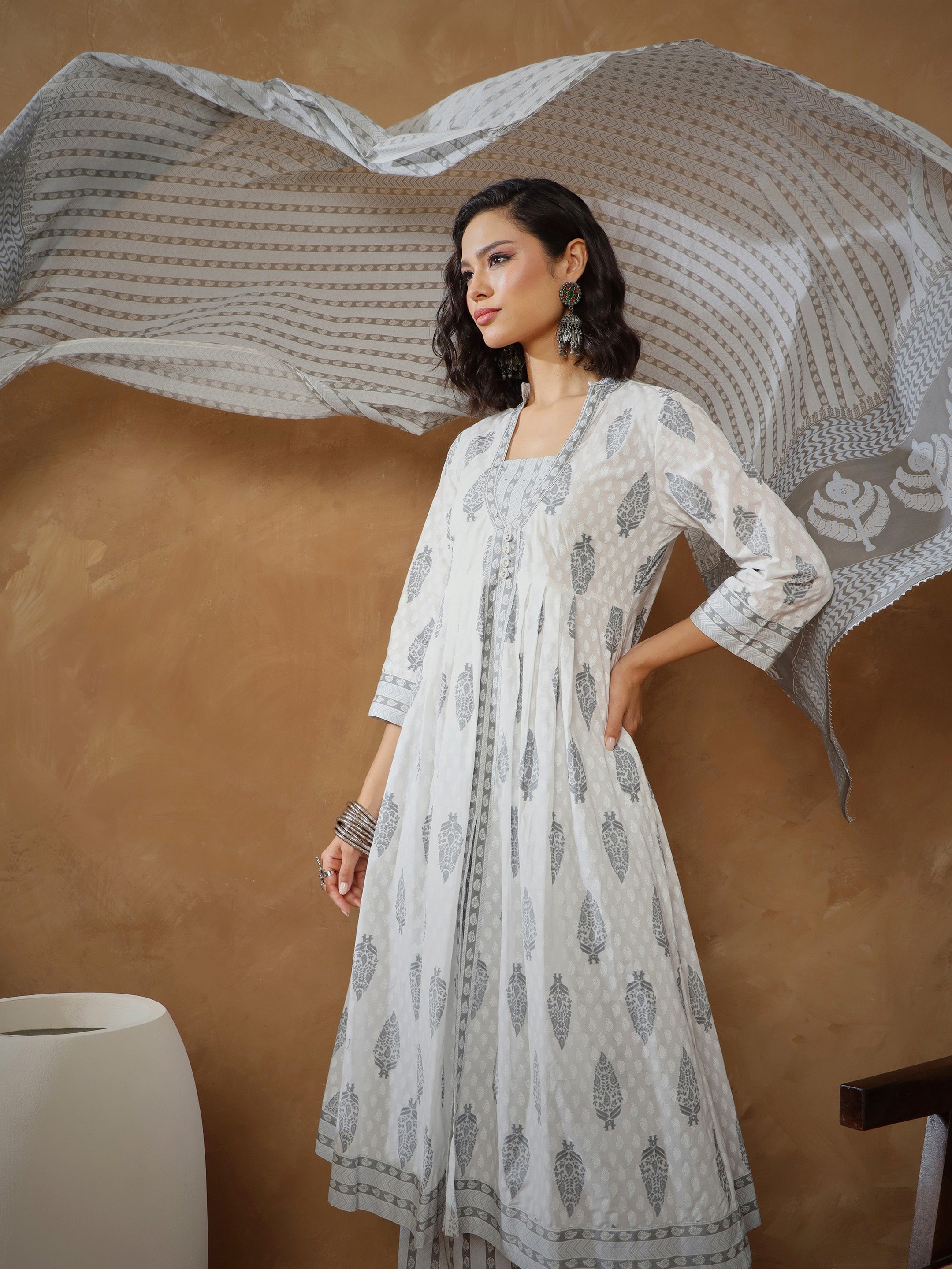 Women's White Ethnic Motif Anarkali Kurta With Pants & Dupatta