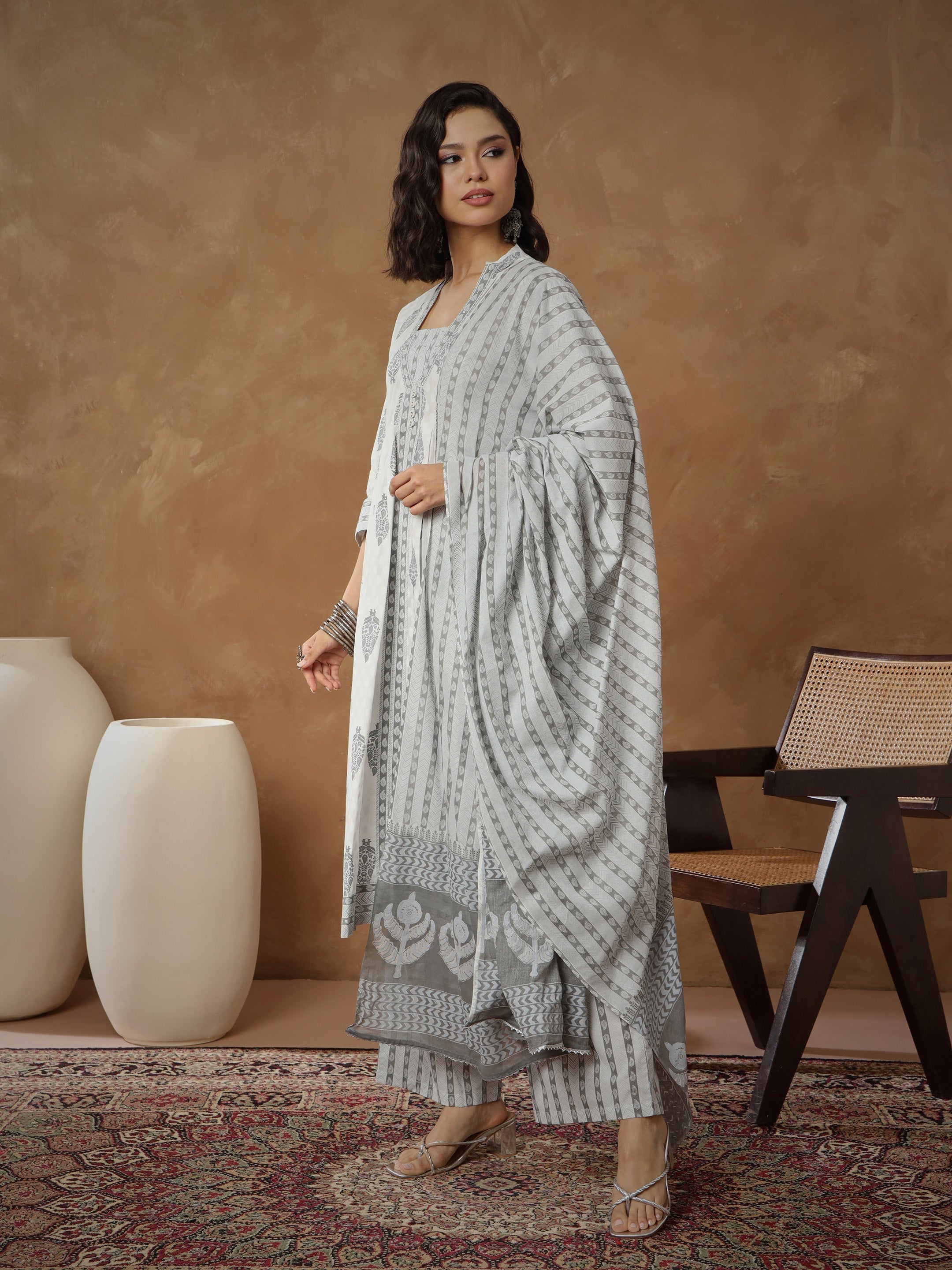 Women's White Ethnic Motif Anarkali Kurta With Pants & Dupatta
