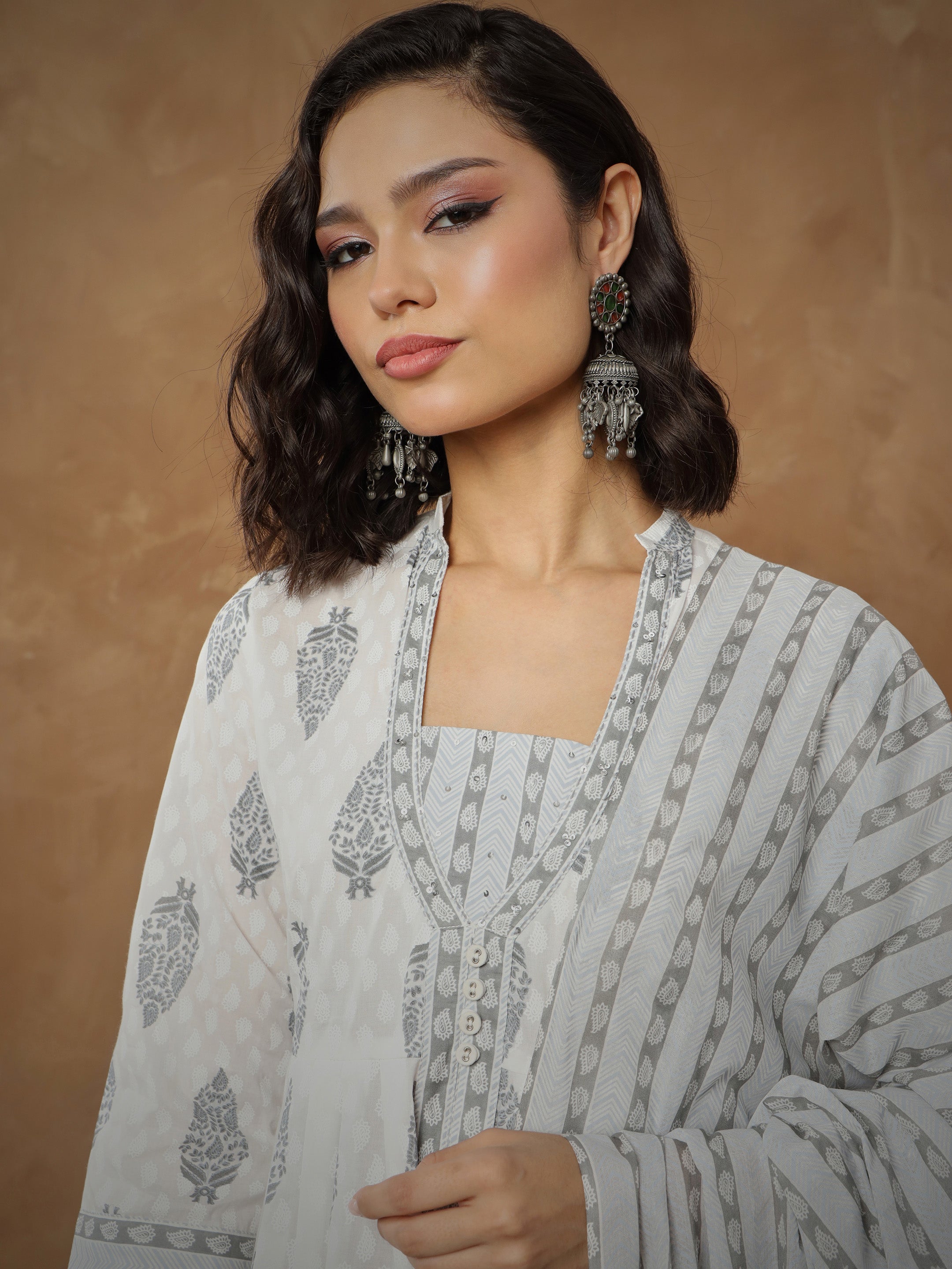 Women's White Ethnic Motif Anarkali Kurta With Pants & Dupatta